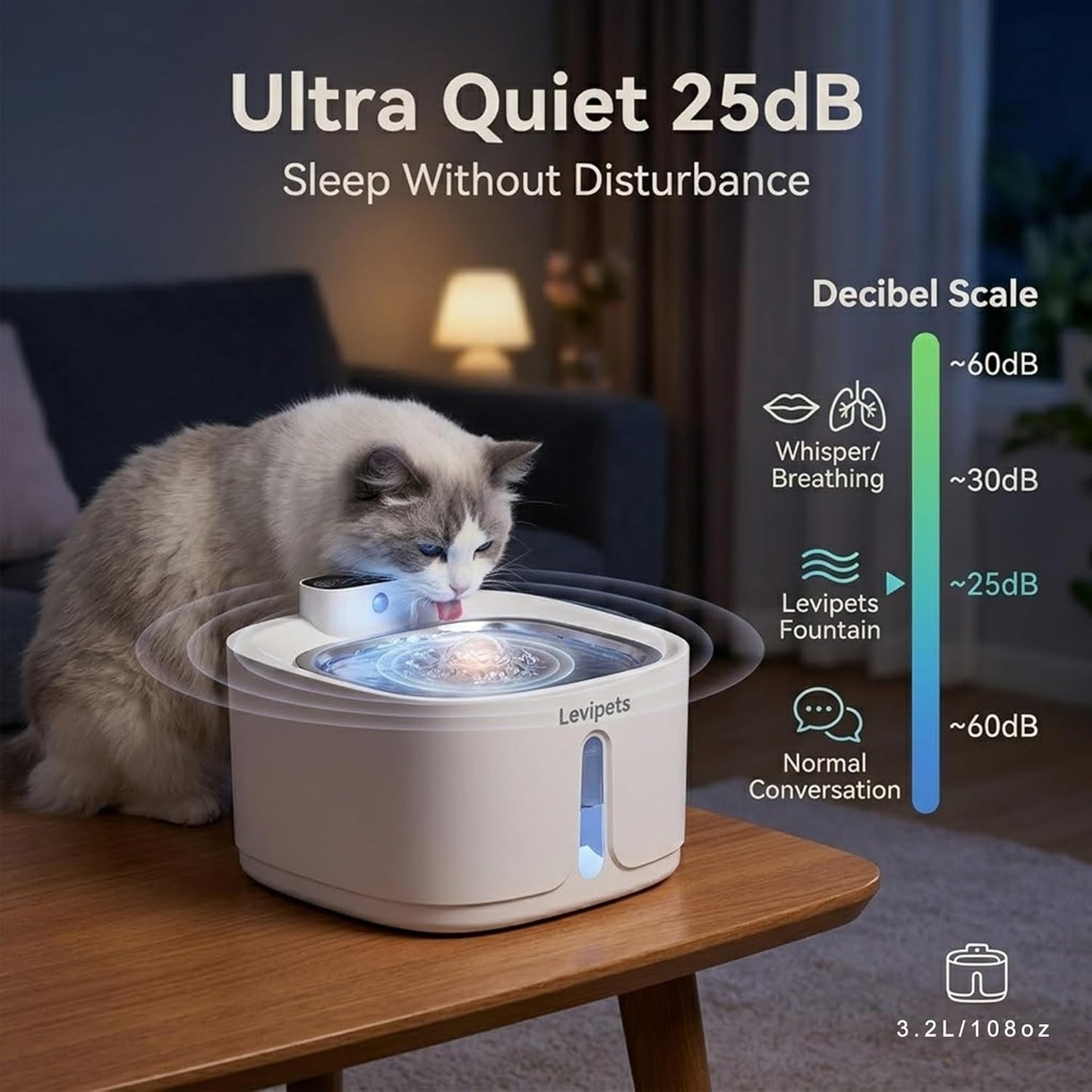 Stainless Steel Tray Cat Water Fountain 108oz/3.2L, 4000 mAh Battery Powered Automatic Pet Water Fountain, Ultra Quiet 25dB, Motion Sensor, 4-Stage Filter, Easy Clean for Cats & Small Dogs