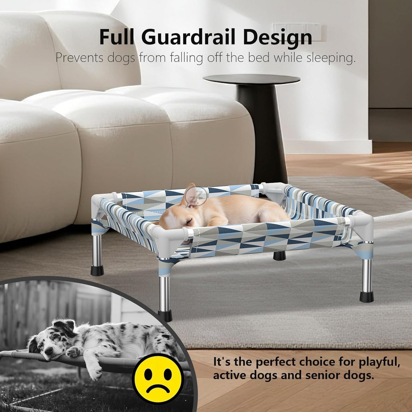 Elevated Dog Bed with Full Guardrail, Raised Dog Sofa Beds, Rectangular Sleeping Puppy Bed，Cooling Outdoor Pet Cot with Breathable Cotton Fabric (Small