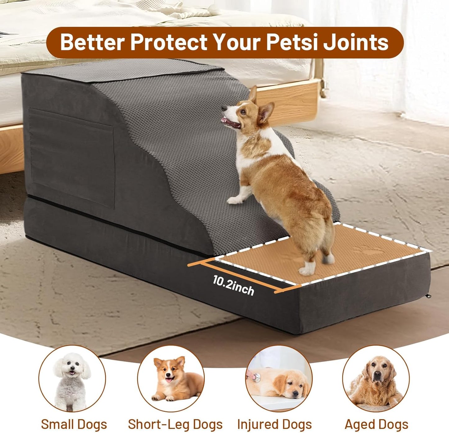 Large Dog Stairs – Extra Large Dog Steps for Bed, Couch & Car, 6-Step Pet Steps for Puppies & Senior Dogs, Pet Stairs with Washable Cover, Side Pockets, Non-Slip Bottom, 43.3" L x 19.7" W Grey