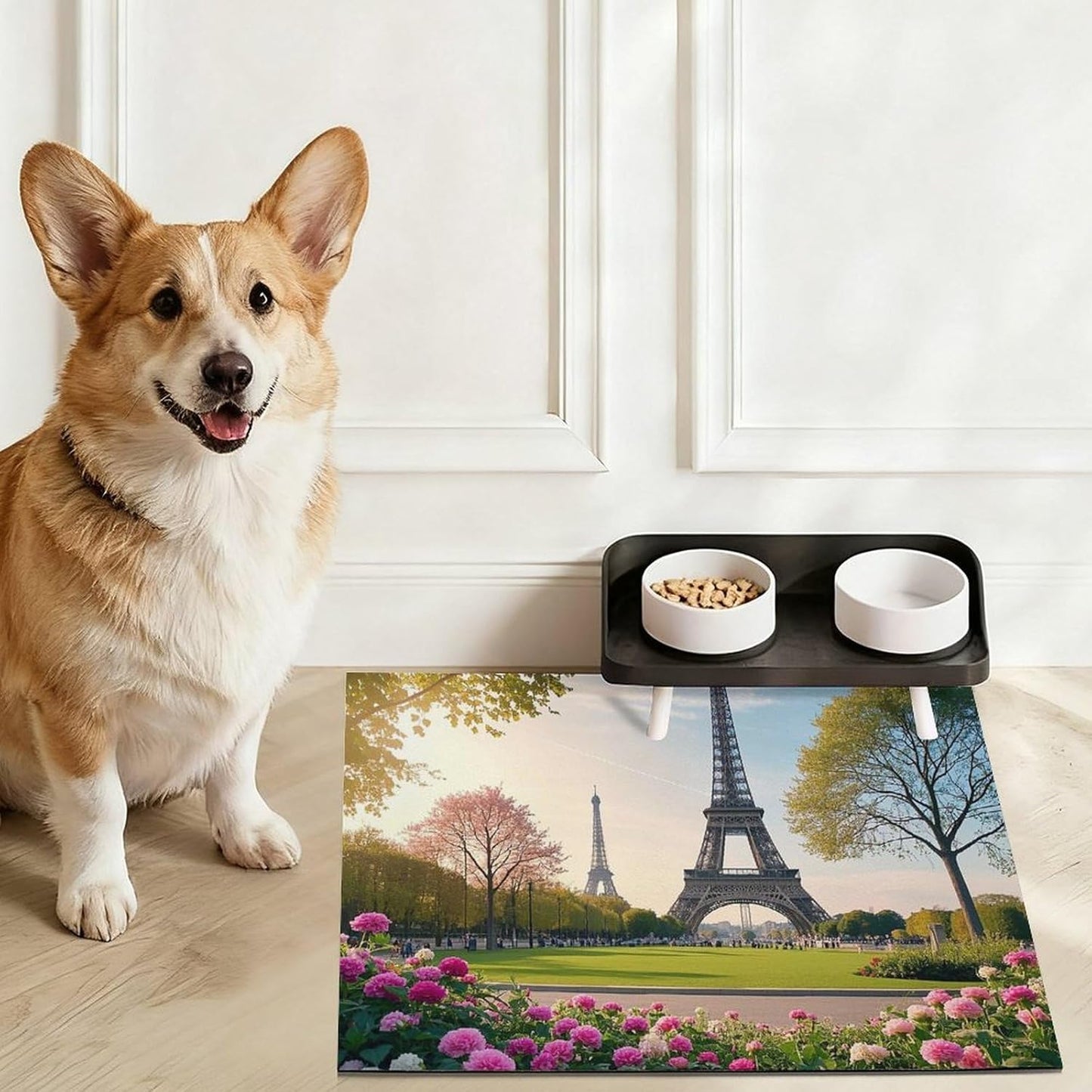 Dog Food Mat Pet Leather Tablecloth Paris Eiffel Towers Flower Pet Feeding Mat Anti-Slip Dog Bowl Mats Absorbent Pet Placemats for Dogs Protect Floor Dogs Pad for Food and Water