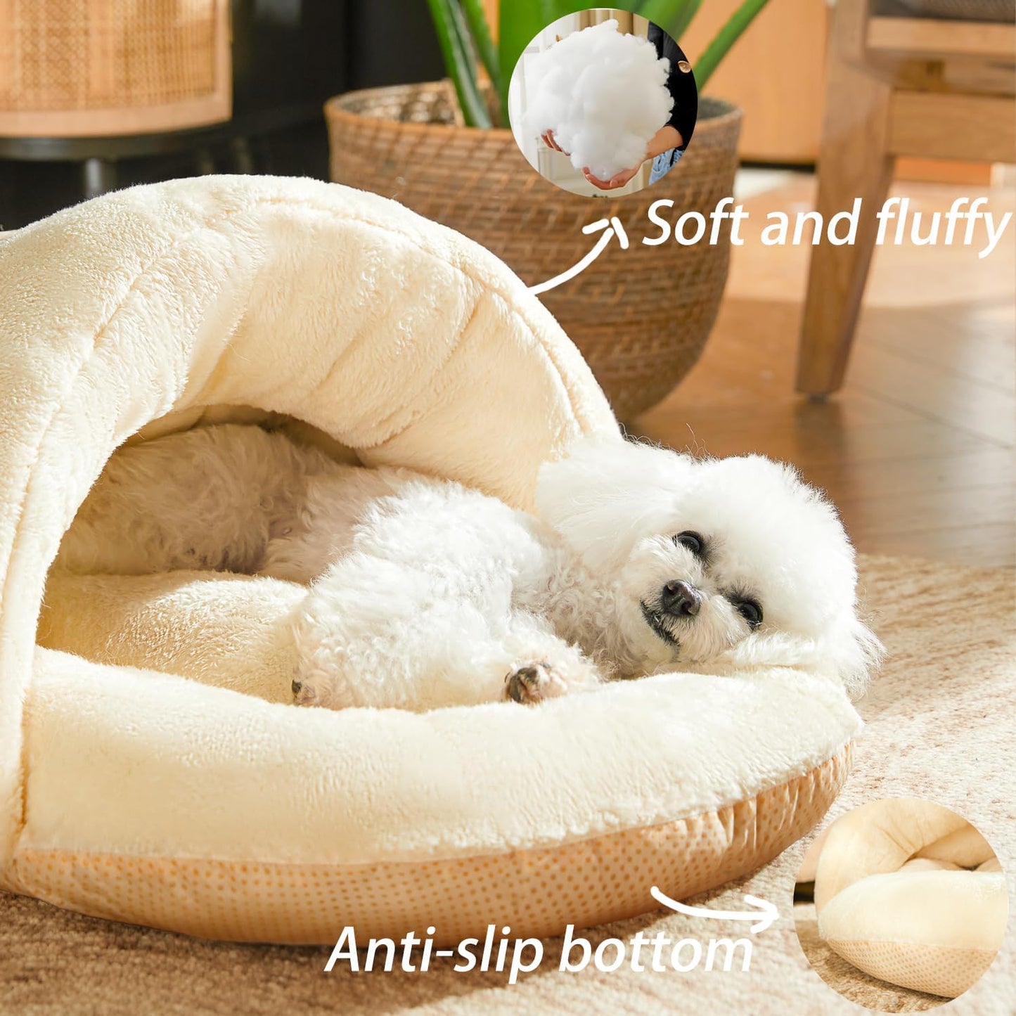 Bed for Dog and Cat, Pet Bed, Ultra Soft Cute Plush Slipper Cat Cave Bed, Anti Slip Warm Pet House Nest, Self-Warming, Ideal for Indoor Use - Fits up to 25lbs (30"X22", L, Light Brown)