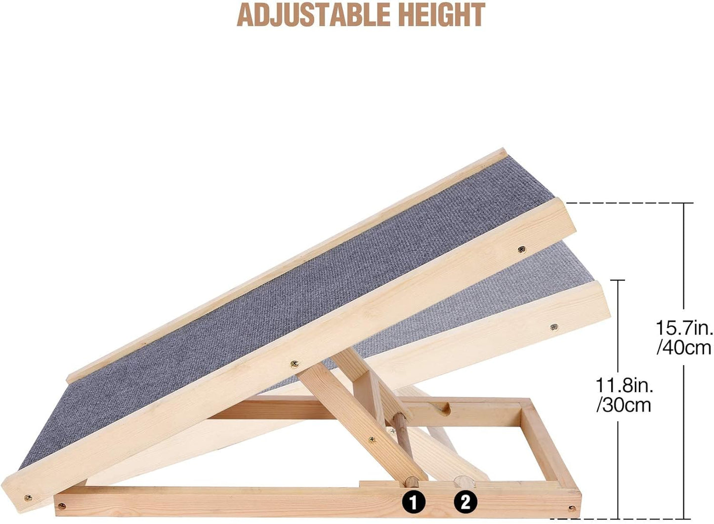 Wooden Pet Ramp for Dogs and Cats, Dog Ramp Height Adjust from 11.8 inches to 15.7 inches with Non Slip Carpet Surface, Supports up to 110lb Great for Older Animals (NO Side Rails)