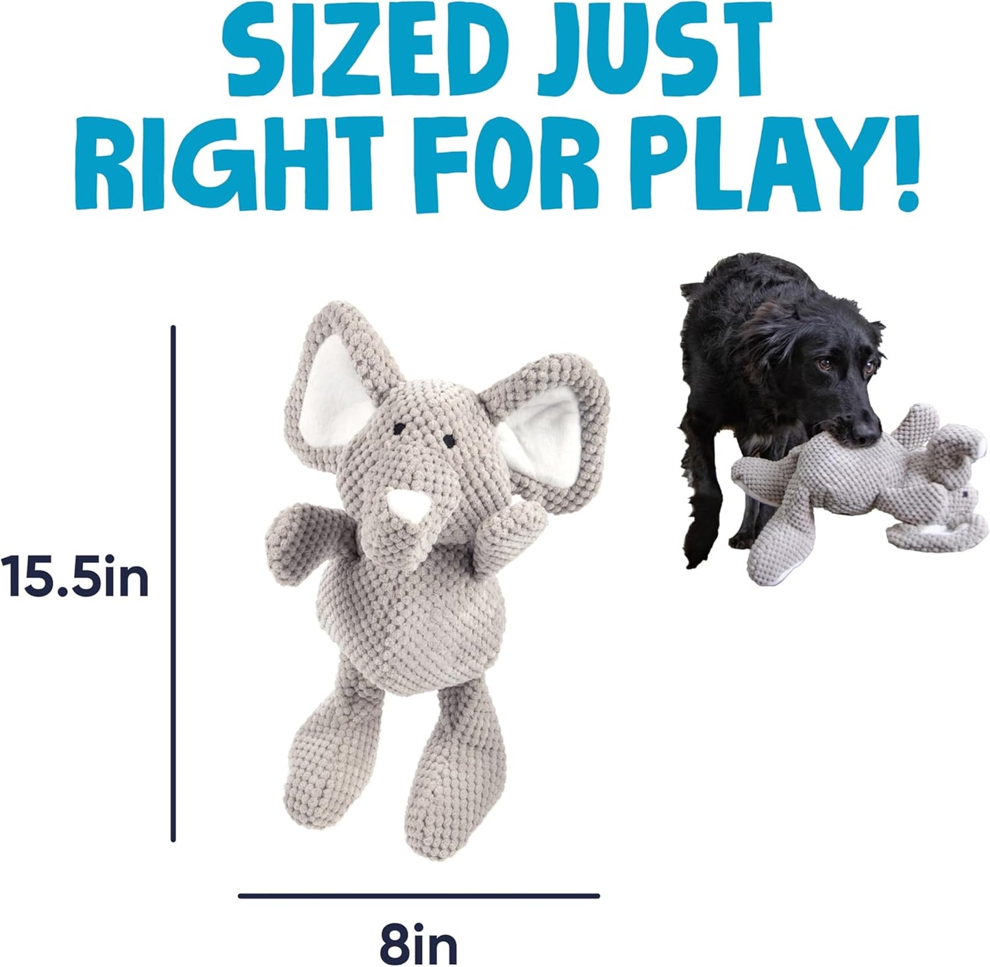 goDog Checkers Elephant Tough Plush Toy with Chew Guard Technology, Durable Checkered Fabric & Squeaker for Active Play, Gray, Large