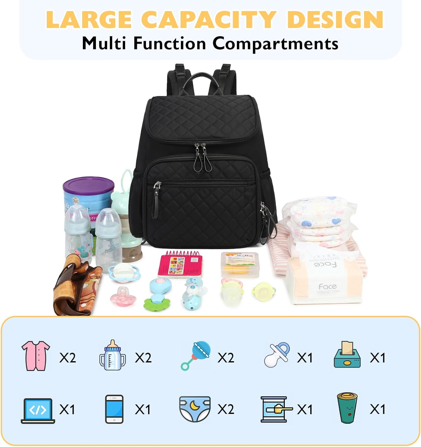 Lightweight Diaper Bag Backpack with Stroller Clips, Insulated Pockets, Baby Shower Essentials (Nylon, Black)