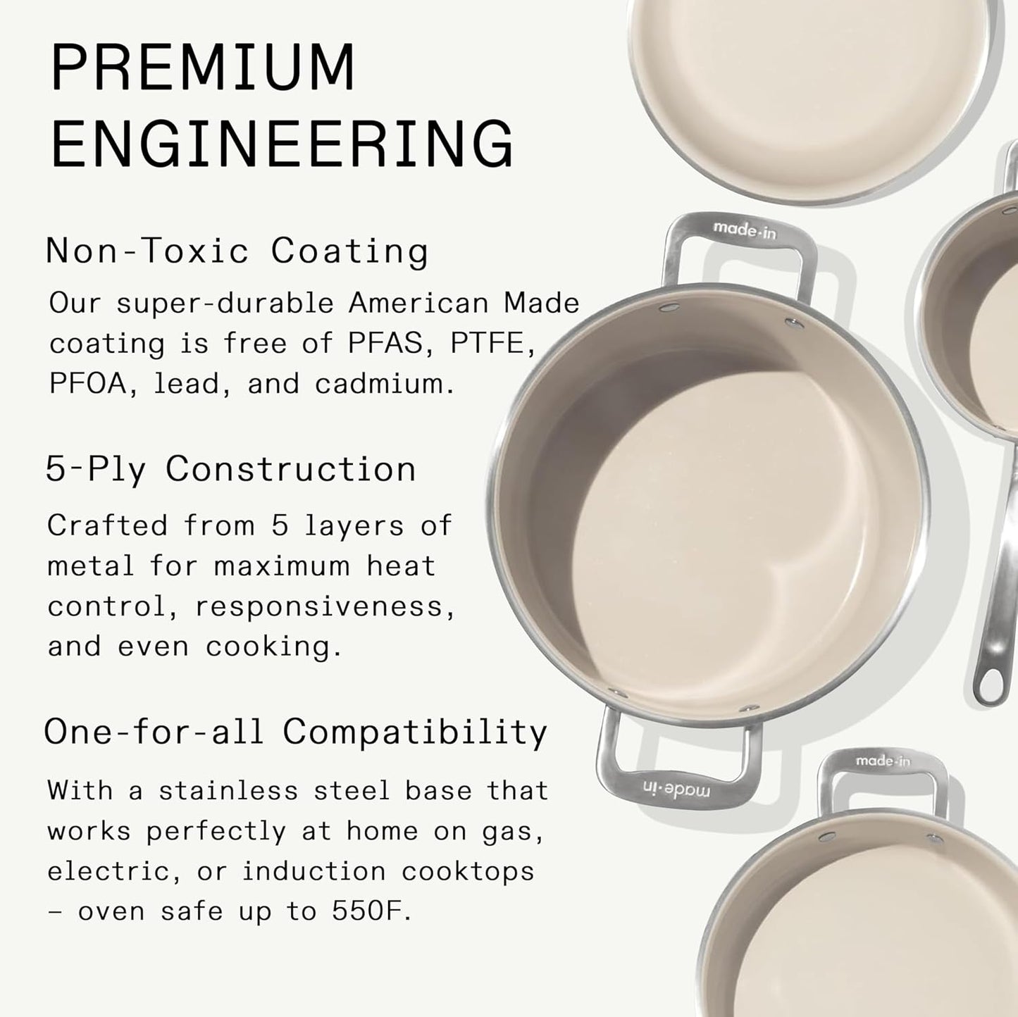 Made In Cookware | 7-Piece Ceramic Non Stick Pot and Pan Set (Stainless Handle) | 5-Ply Stainless Clad | Professional Cookware | Crafted in Italy | Induction Compatible