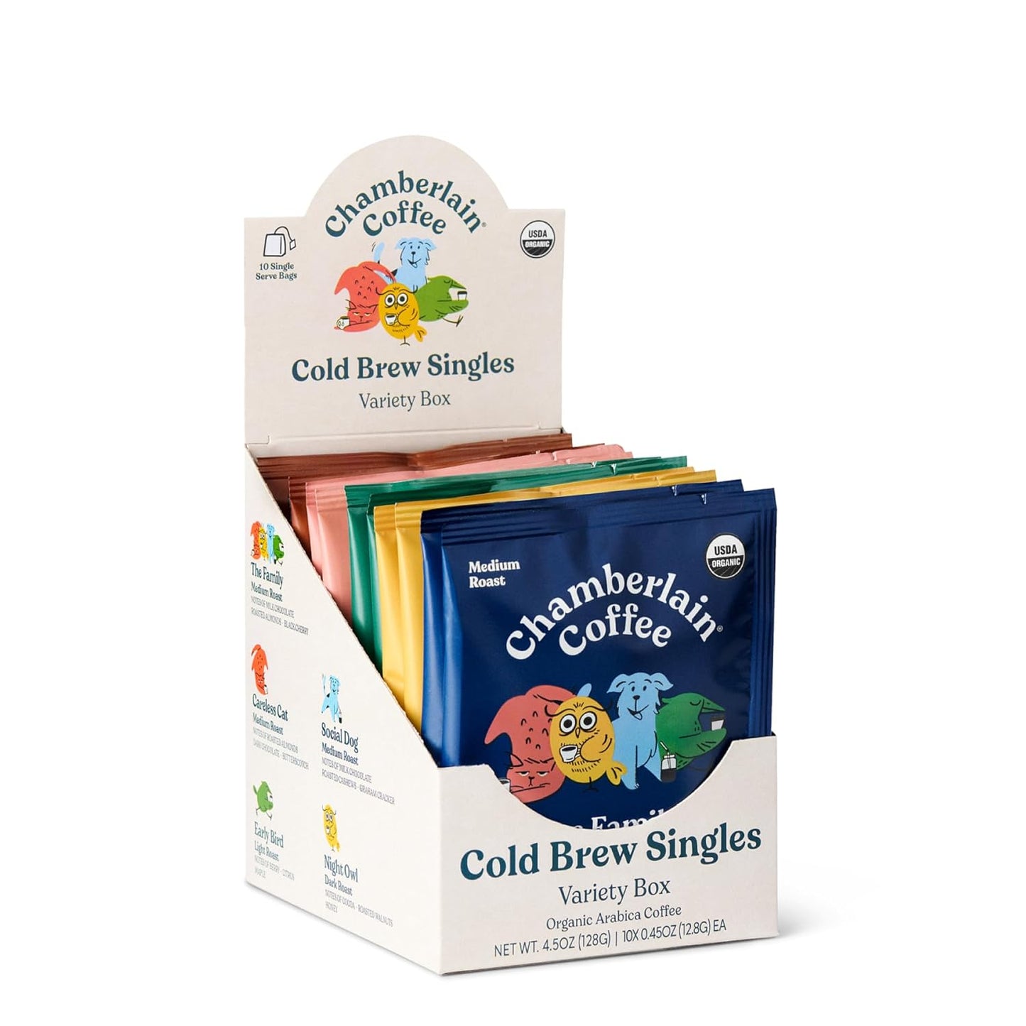 Chamberlain Coffee Organic Variety Cold Brew Singles Medium Roast – 10 Single Serve Bags w/Different Flavors - Ideal for Summer Use, at Home, Camping, or Travel - Coffee Gift Set for Any Occasion