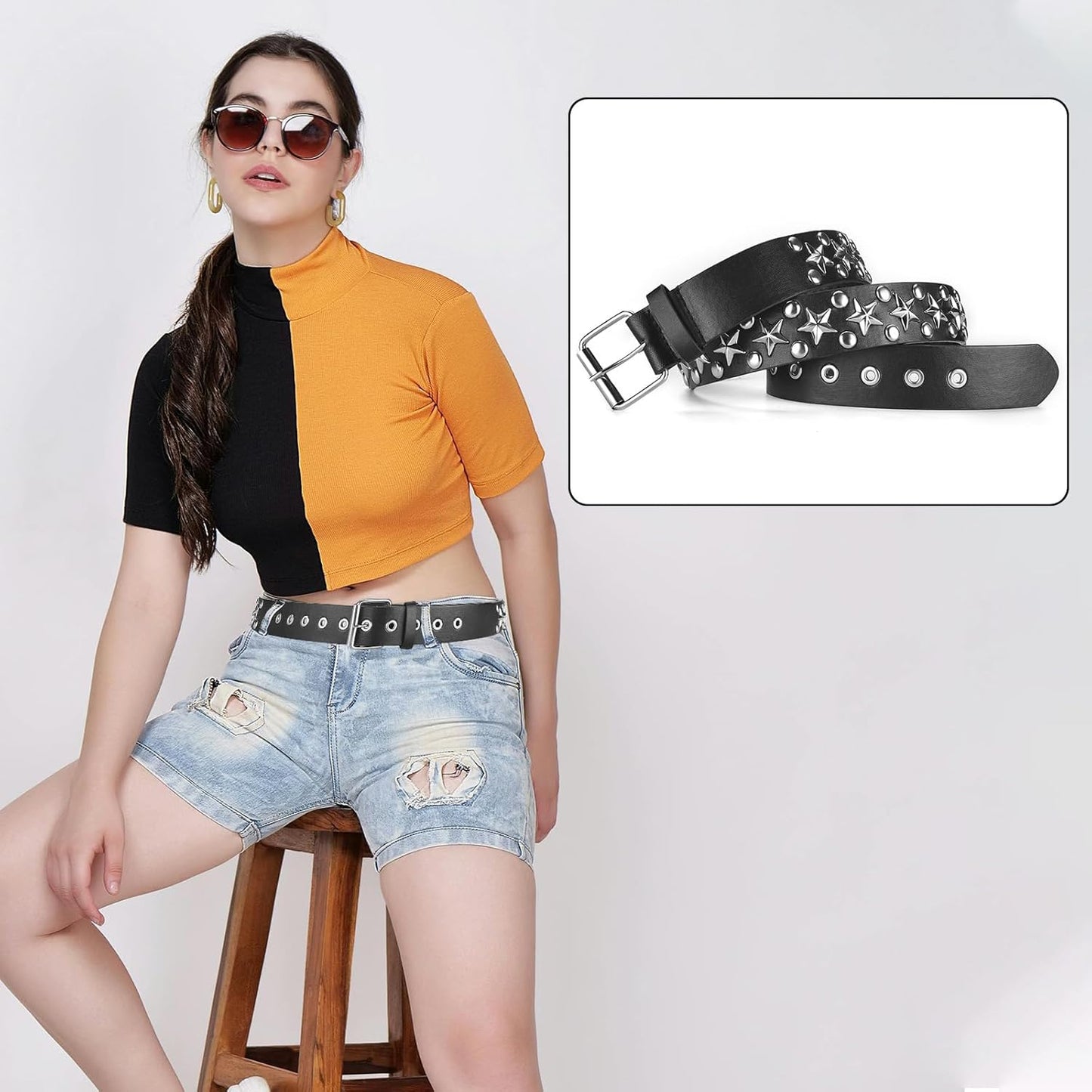 4 Piece Studded Rivet Double Grommet Belt Set - Faux Leather Gothic Goth Black - Punk Style Accessories for Men Women - Ideal Gift