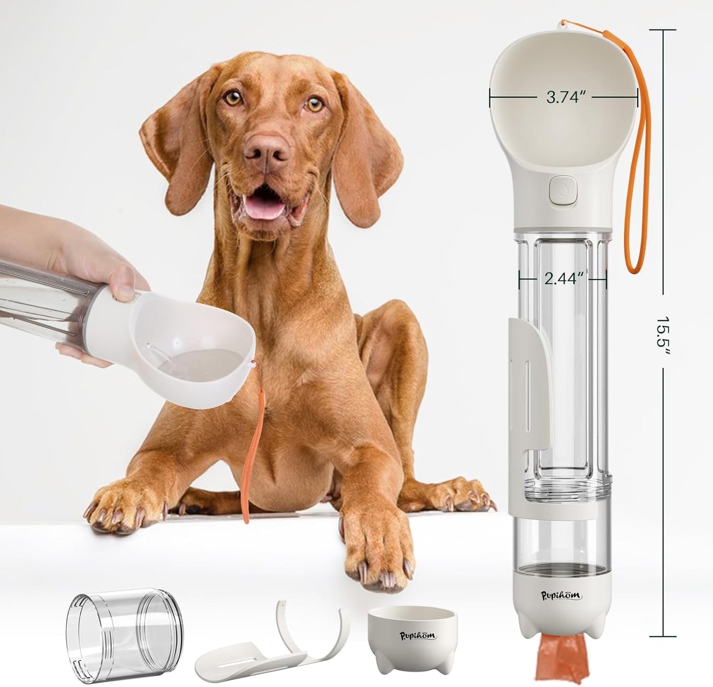 Dog Travel Water Bottle and Food Dispenser- Portable Travel Dispenser with Leak-Proof Bowl with Poop Bag- Outdoor Pet Water Bottle for Walking, Hiking, and Traveling - Length: 12.6"