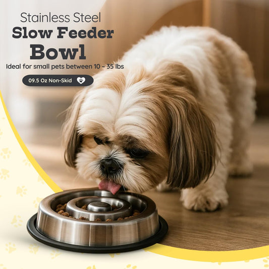 1.2 Cup (9.5 oz) Slow Feeder Dog Bowls, Shallow Spiral Style Stainless Steel Small Dog, Cat Dry, Wet Food Dishes Fast Eater Nonslip Heavy Feeding Puzzle Bowl, Slow Down Eating