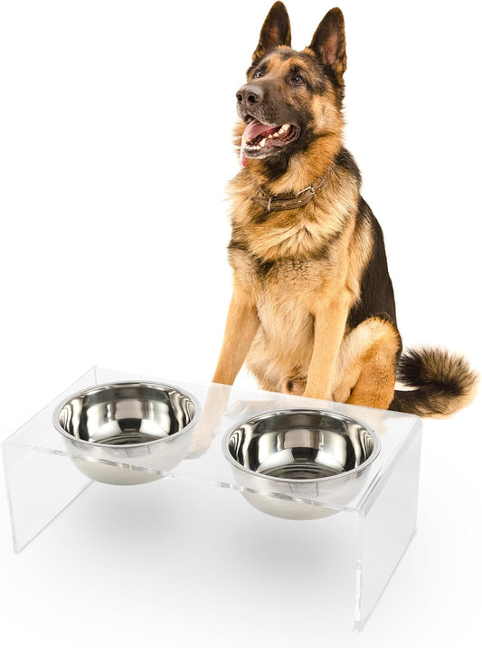 THE LICKER Store DBL2001A Keaton 7.5" Medium/Large Modern Lucite Rectangular Elevated Pet Feeder with 54oz 2-Stainless Steel Bowls, Clear/Chrome
