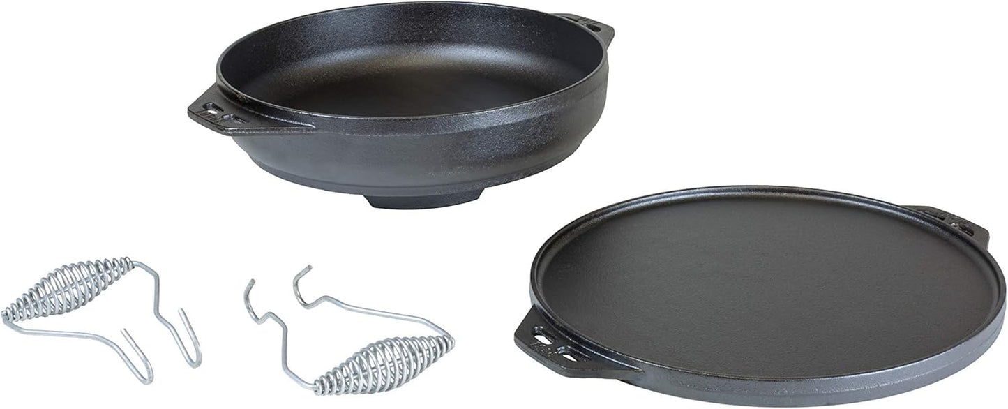 Lodge Cast Iron Cook-It-All Kit. Five-Piece Cast Iron Set includes a Reversible Grill/Griddle 14 Inch, 6.8 Quart Bottom/Wok, Two Heavy Duty Handles, and a Tips & Tricks Booklet.