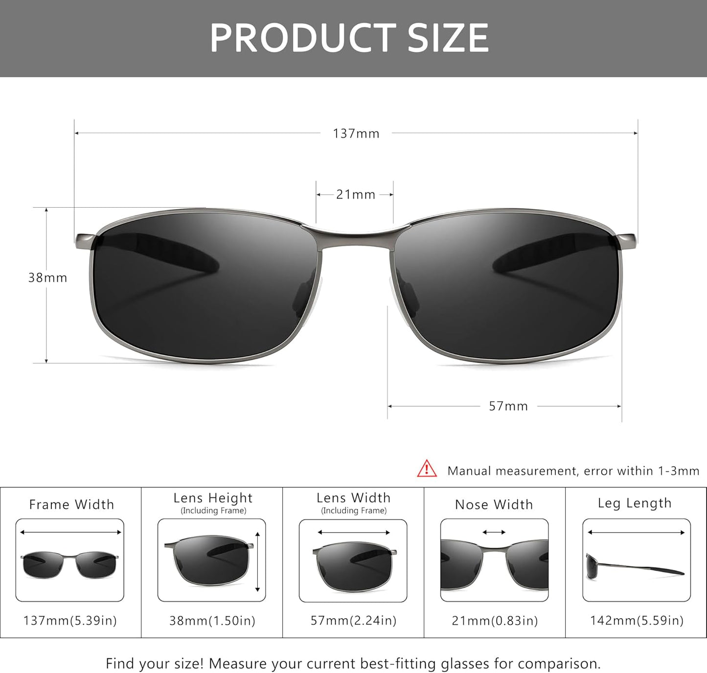 SUNGAIT Mens Narrow Polarized Sunglasses Metal Frame Small Rectangle Retro Durable UV400 Protection