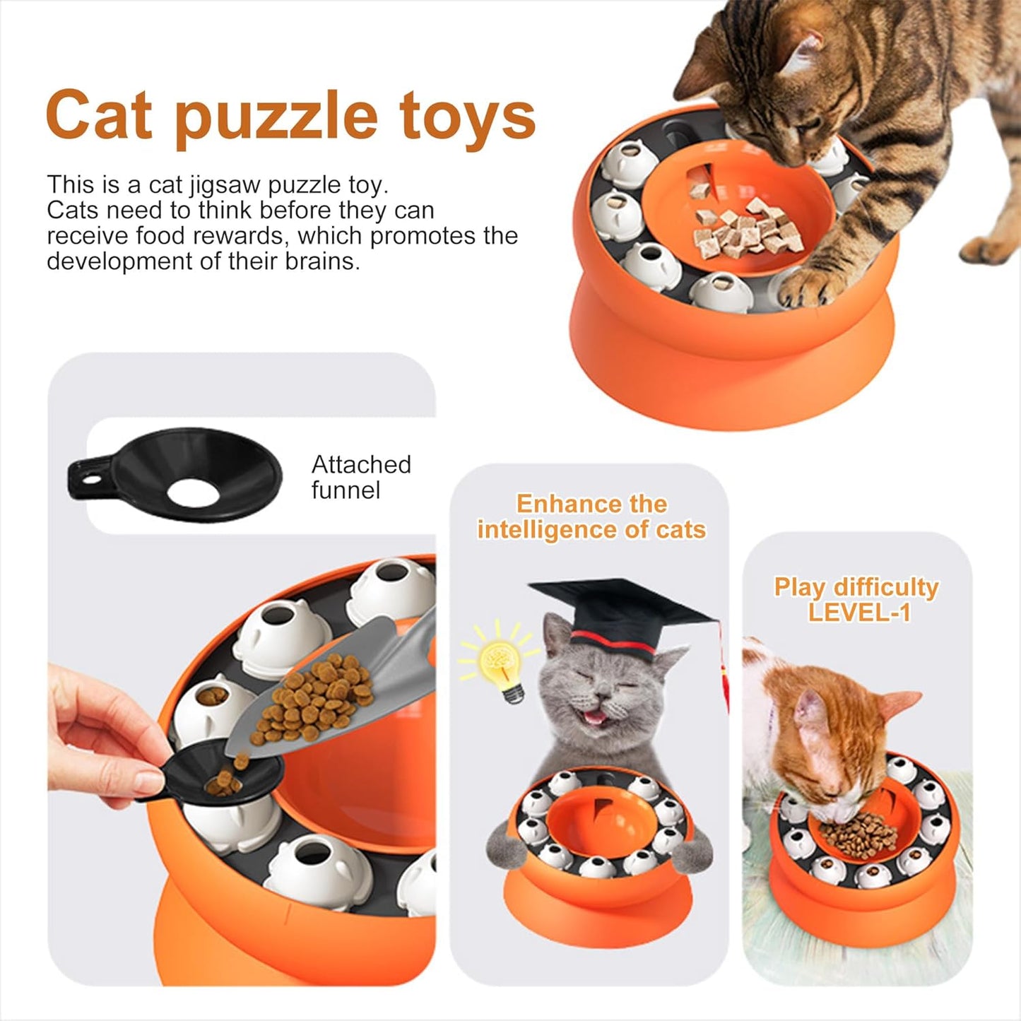 Interactive Cat Puzzle Feeder Bowl – Slow Feed Toy for Cats – Healthy Eating – BPA-Free, Easy to Clean, Anti-Slip Base (Orange)