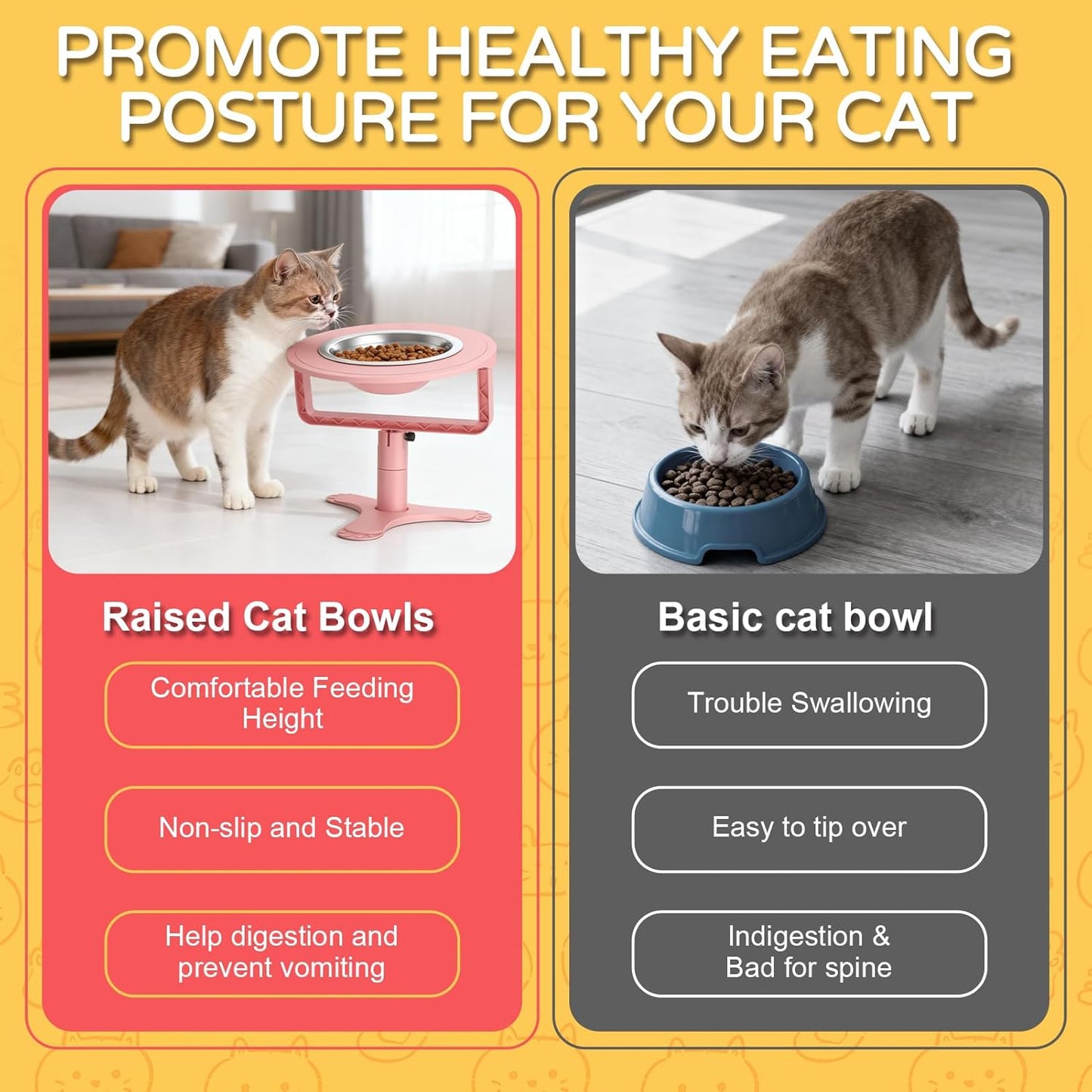 Raised Cat Bowls with Height-Adjustable Stand 15° Tilted Cat Food Bowls Non-Slip Feeder Adjusts to 2.4", 4.02",5.98" with Stainless Steel Bowls Whisker Friendly for Cats and Puppy