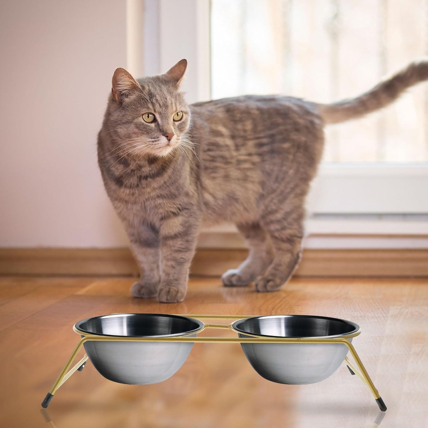 Milisten Elevated Cat Feeder Stand with Dual Anti-Skid Bowls Gold Iron Pet Food Bowl Rack Raised Cat Feeder Protecting Spine