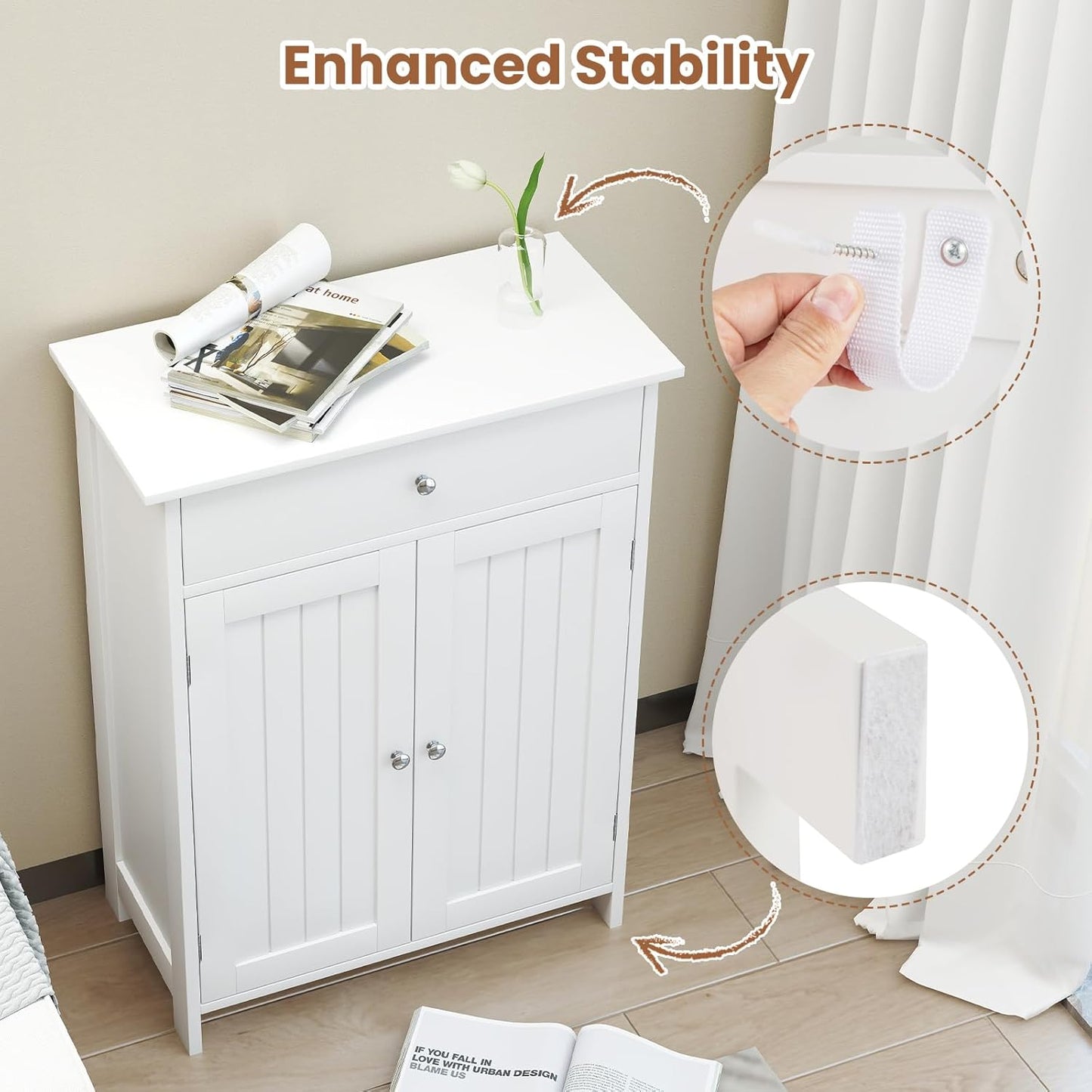 Giantex Storage Cabinet, White Bathroom Cabinet with 2 Doors, 1 Drawer, 3-Level Adjustable Shelf, Modern Wooden Storage Organizer for Laundry Room, Entryway, Living Room