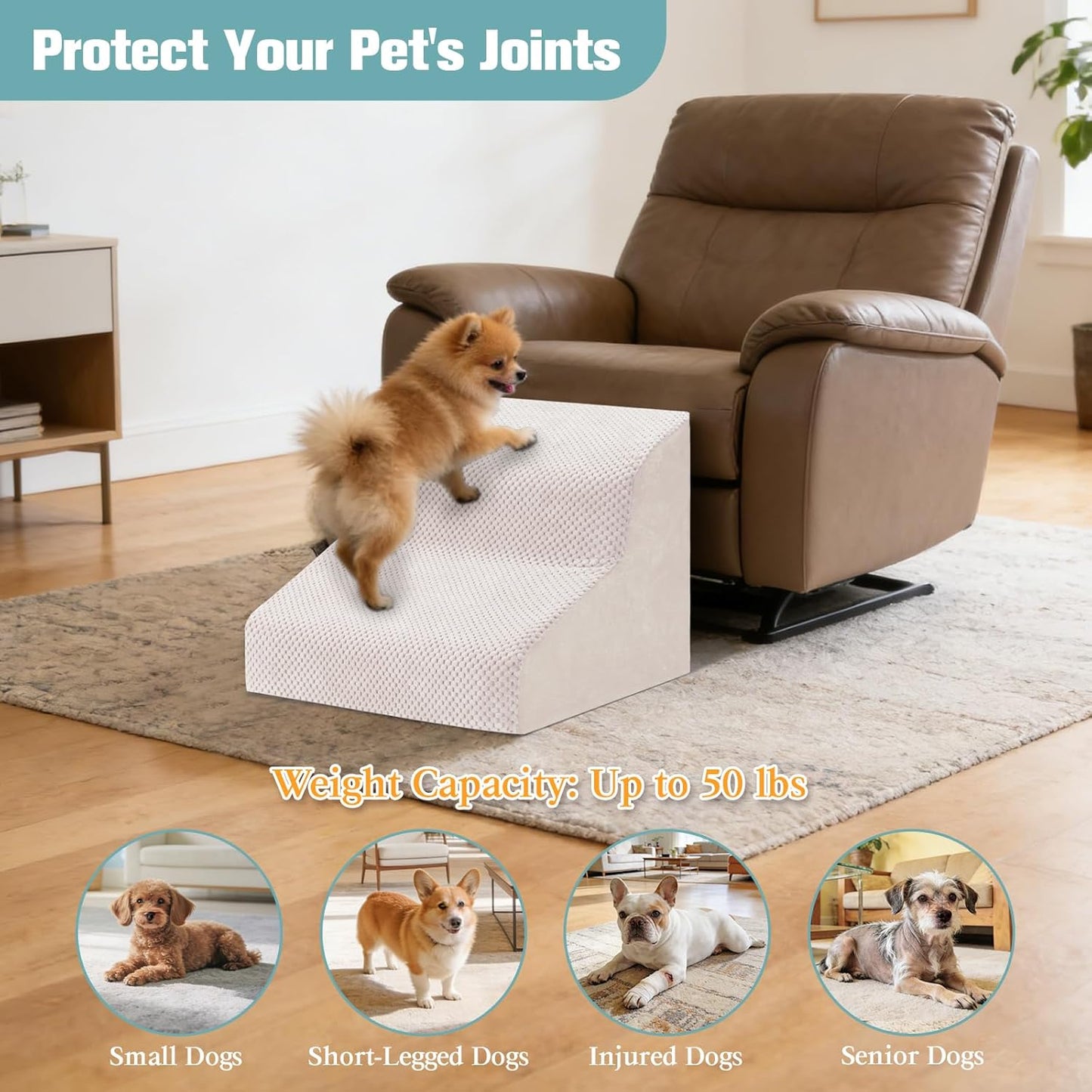 Dog Stairs for Small Dogs, 2-Step Dog Steps for Couch Sofa and Chairs, High-Density Foam Pet Steps Ramp with Removable Washable Cover for Older Injured Puppy Dogs and Cats, 11.81" H, Beige