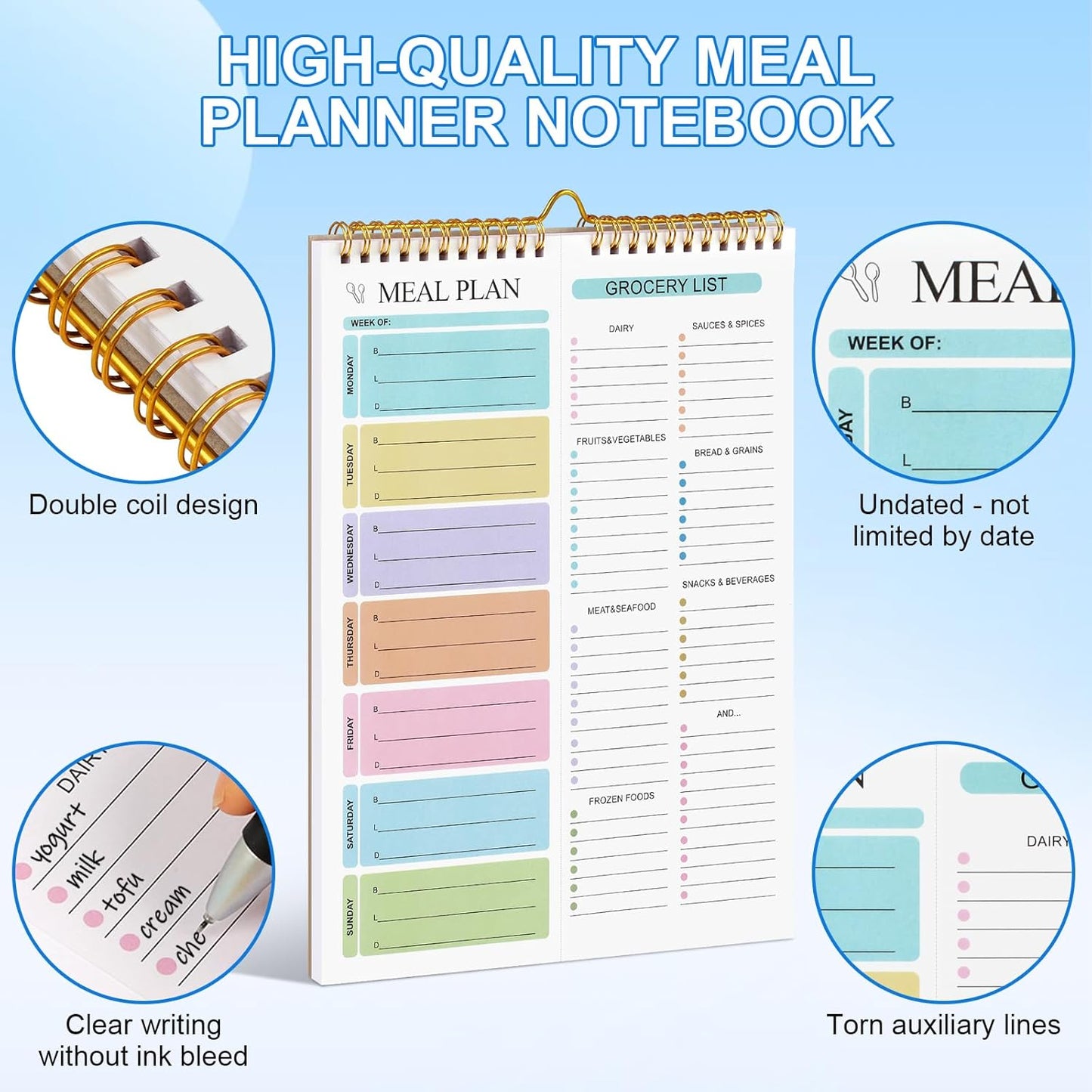 Joyberg Weekly Meal Planner Notebook 8.5x11”, 50 Sheets Weekly Meal Planner Magnetic, Double Helix Meal Planner and Grocery List, Wall-Mountable Menu Planner for Fridge Notepad for Daily & Plan