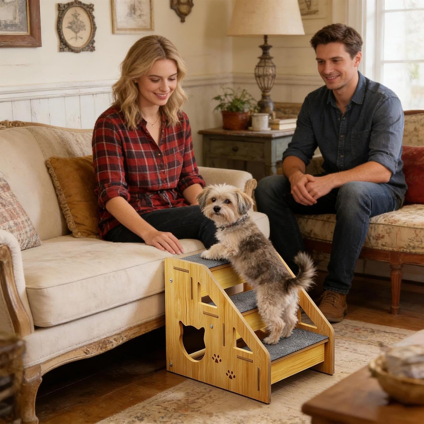 Dog Stairs Wooden, Wooden Pet Ladder, Dog Stairs with Non Slip Steps, 3 Step Ramp with Sturdy Construction, Pet Accessories, Dogs Stair for Small Elderly Puppy Sofa Balcony Activities Use
