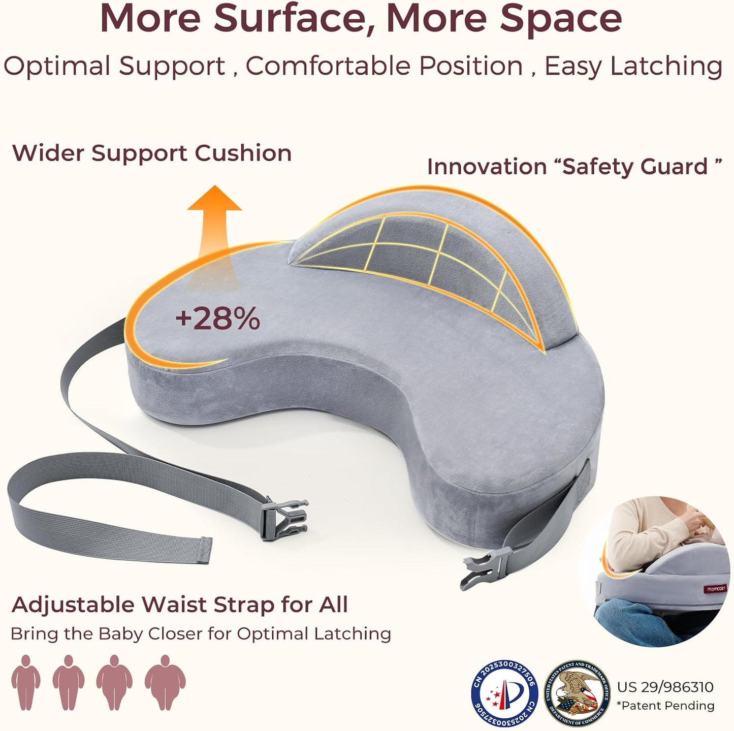 Momcozy Innovative Safety Guard Nursing Pillow - Firm & Springy Memory Foam - Stable, Ergonomic Support & Comfort - Wider Breastfeeding Cushion, Adjustable, Removable Cover, Baby Safety Certified