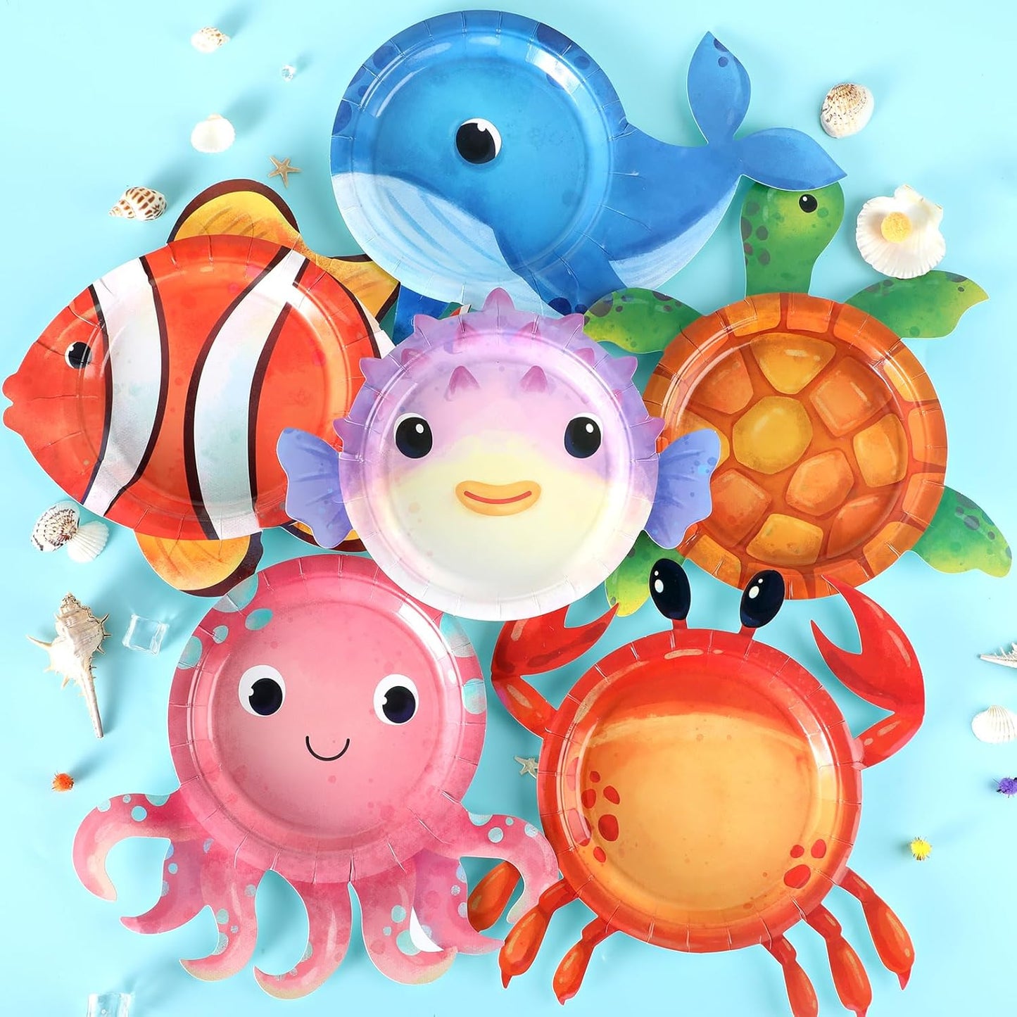 48Pcs Ocean Animal Shaped Paper Plates Under the Sea Party Supplies Sea Animal Tableware 7In Underwater Dinner Plates for Boys Girls Marine Animal Birthday Party Baby Shower Decorations
