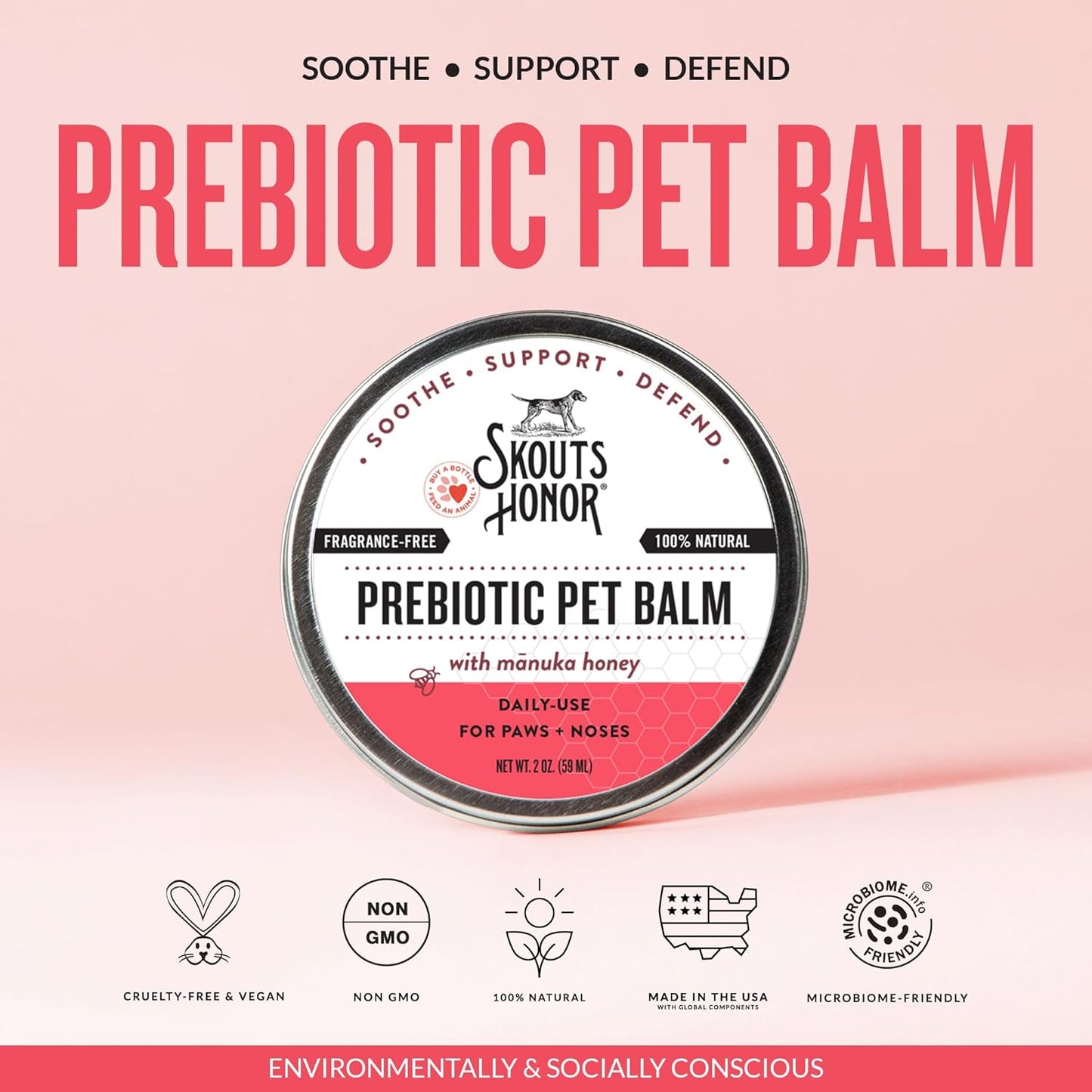 SKOUT'S HONOR Prebiotic Pet Balm - 100% Natural and Made w/Manuka Honey to Promote Healing of Your pet's paw Pads and Nose, Soothes Dry, Itchy Paws and Noses - Safe for Cats and Dogs, 2oz