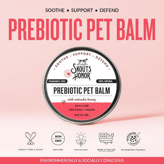 SKOUT'S HONOR Prebiotic Pet Balm - 100% Natural and Made w/Manuka Honey to Promote Healing of Your pet's paw Pads and Nose, Soothes Dry, Itchy Paws and Noses - Safe for Cats and Dogs, 2oz