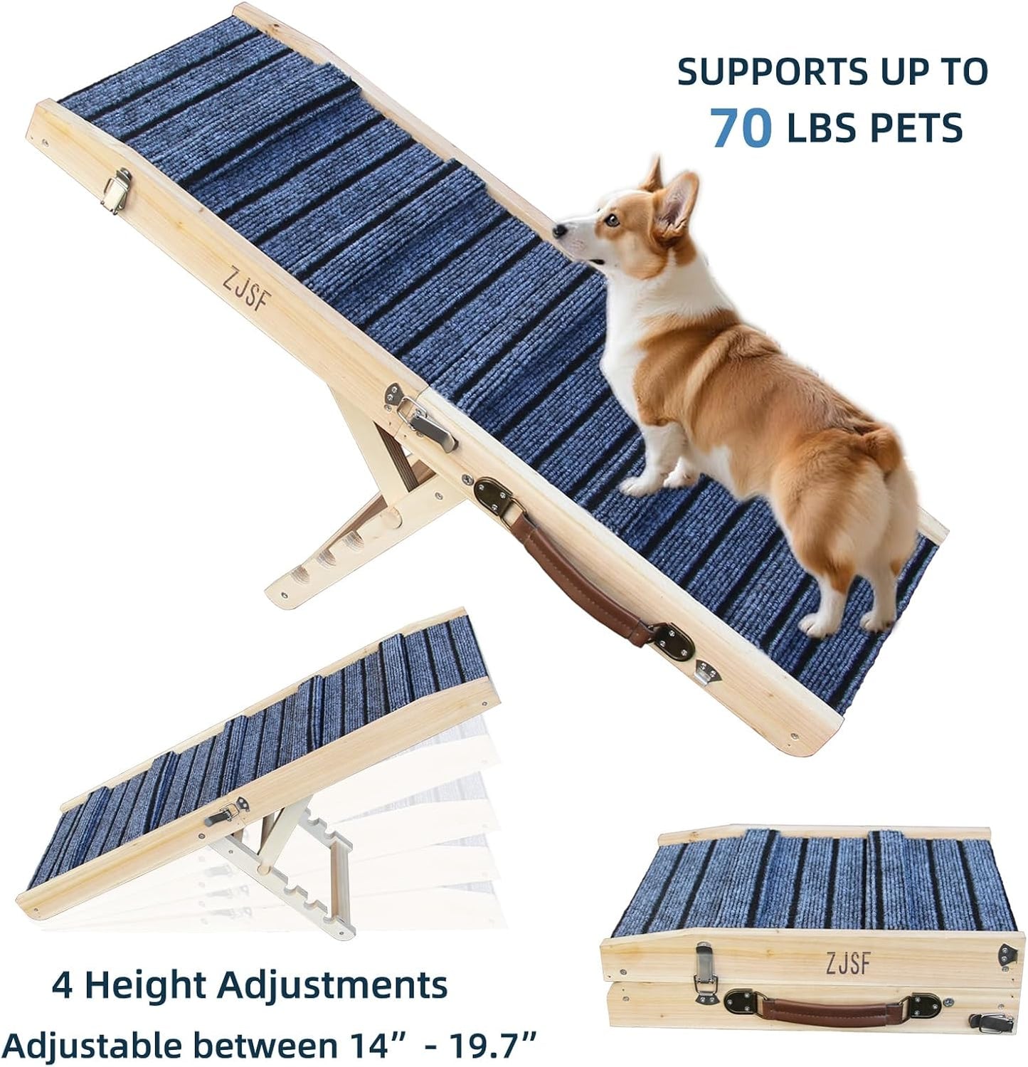 ZJSF Foldable Dog Ramp for High Bed, Wooden Dog Stairs to Bed for Small Dogs, High Traction Platform with 4 Adjustable Heights (14"-19.7"), 33", Supports up to 70 lbs