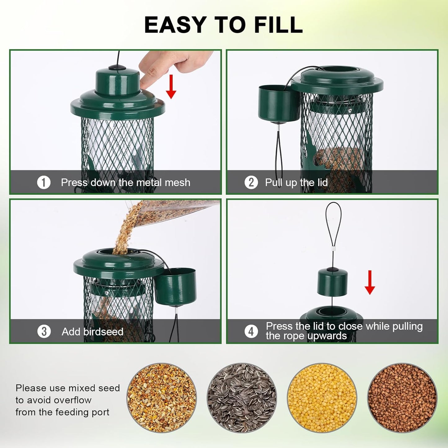 Squirrel Proof Bird Feeder for Outdoors Hanging, Metal Mesh Bird Feeder for Outsides with Gravity Protection for Small Birds, Weatherproof and Durable, Green