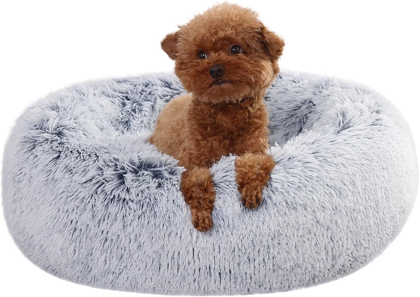 Amazon Basics Washable Donut Pet Bolster Faux Fur Bed with Removable Cover, Anti-Slip Bottom for Dog, Grey, 23" x 23"