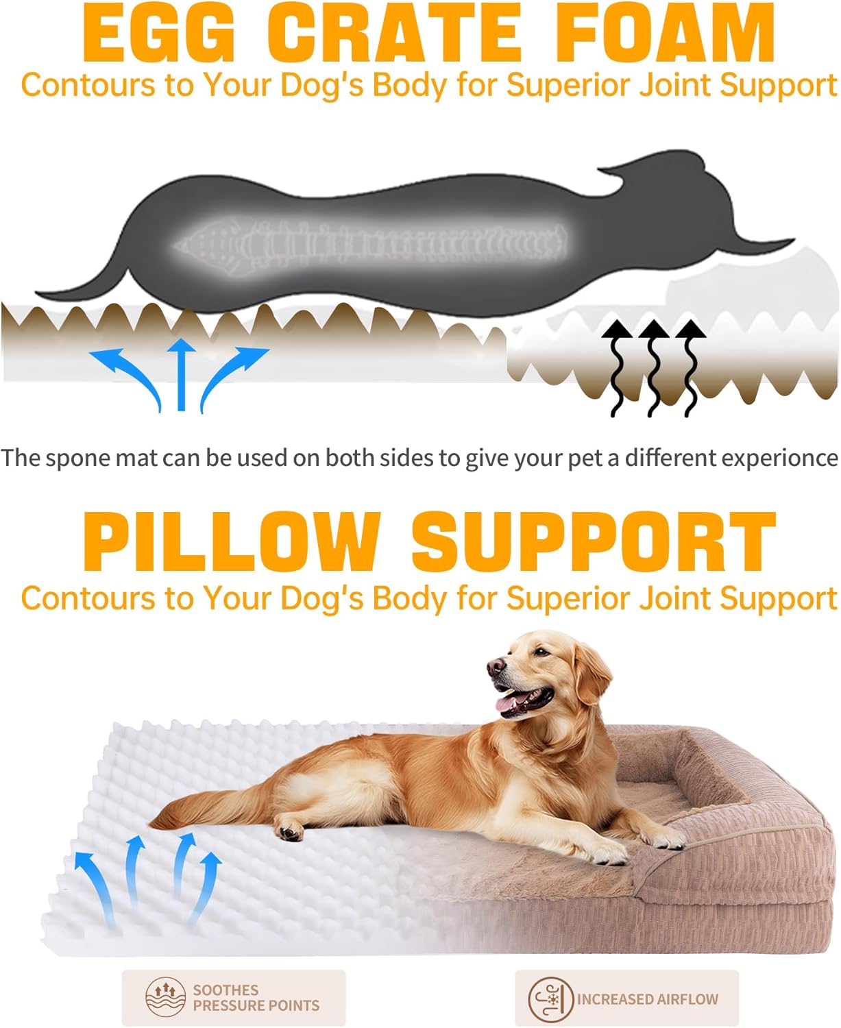 Orthopedic Dog Bed for Extra Large Dogs, 42x30 Inch Waterproof Egg Crate Memory Foam Dogs Bed with Detachable Top, Dog Couch with Zipper Washable Cover, Nonslip Bottom for Living Room, Brown