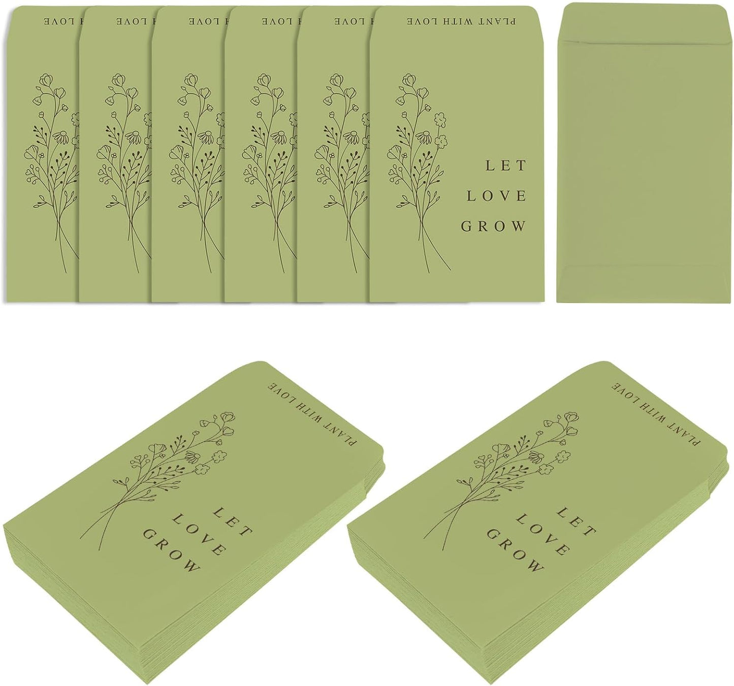 Whaline 200 Pcs Self Adhesive Wedding Favor Seed Packets Let Love Grow Green Envelope Minimalist Storage Pockets for Garden Office Gift Party Supplies, 3.5 x 2.4 Inch