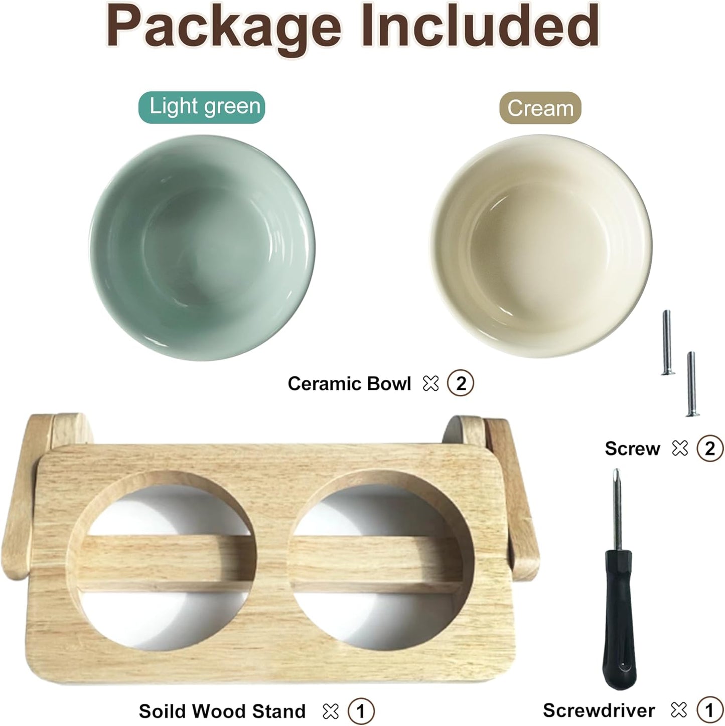 Elevated Cat Bowl, 12 Ounce Ceramic Raised Cat Bowl for Dry and Wet Food, 2 Dishs with Adjustable Wood Stand, for Indoor Kitten, Cats and Puppy, Dishwasher Safe (Cream+Green