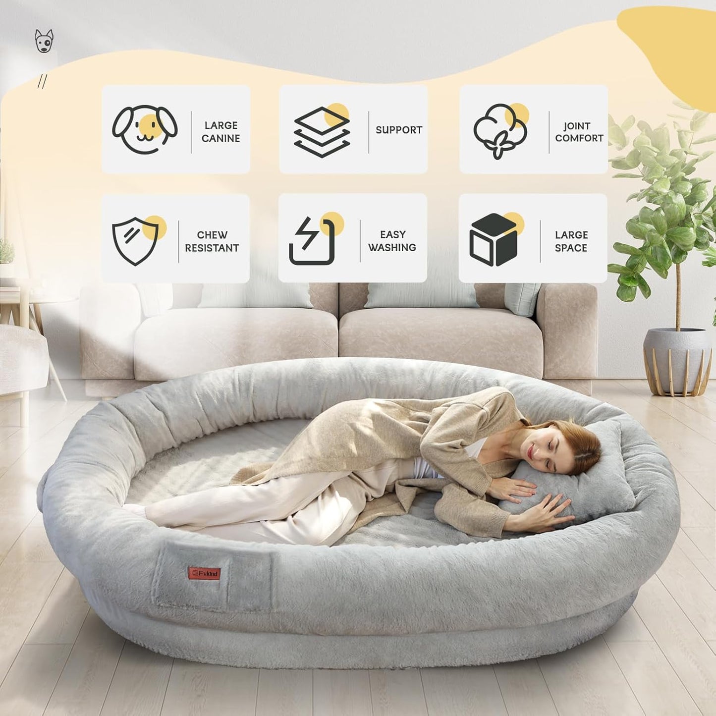 Human Dog Bed for Adults, 71"x51"x12" Washable Orthopedic Size, Faux Fur Removable, Cozy Large Present with Blanket and Pillow, Grey