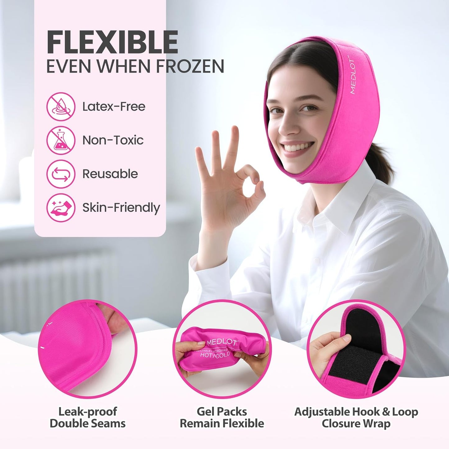 LotFancy Face Ice Pack Wrap with 4 Reusable Hot Cold Therapy Gel Packs, Pain Relief for TMJ, Wisdom Teeth, TMD, Oral and Facial Surgery, Dental Implants, Pink