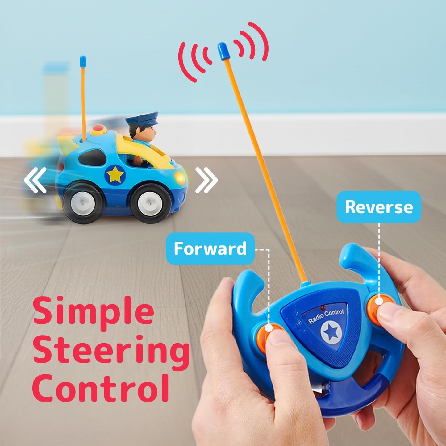 Prextex 2 Pack Cartoon Remote Control Cars for Toddlers - Police Car and Race Car with Steering Wheel Controllers and Lights - Different Frequencies So Both Can Race Together - Toddler Gift 18+ Months