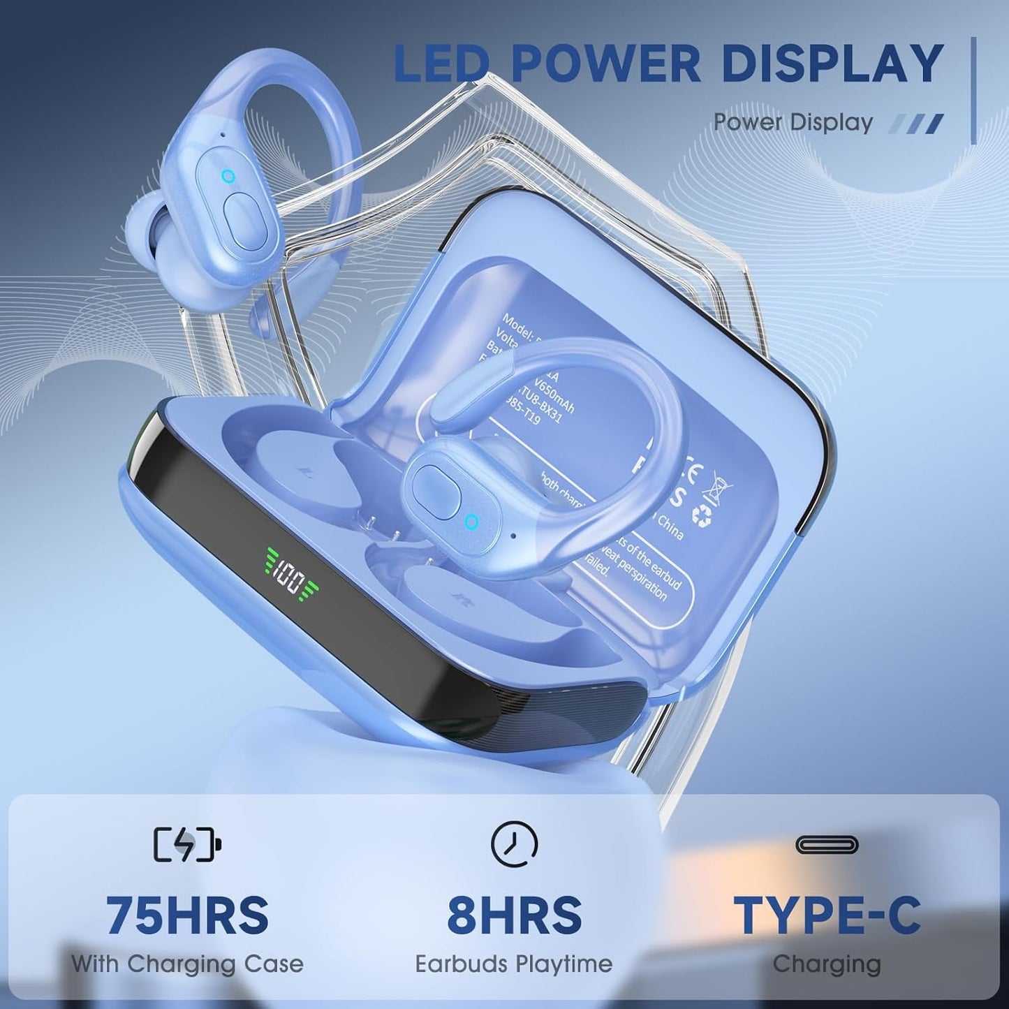 Wireless Earbuds Bluetooth 5.4 Headphones, Noise Canceling Ear Buds with 75hr Playtime, LED Power Display, IPX7 Waterproof Earphones Over Ear Earphones for Sports/Workouts