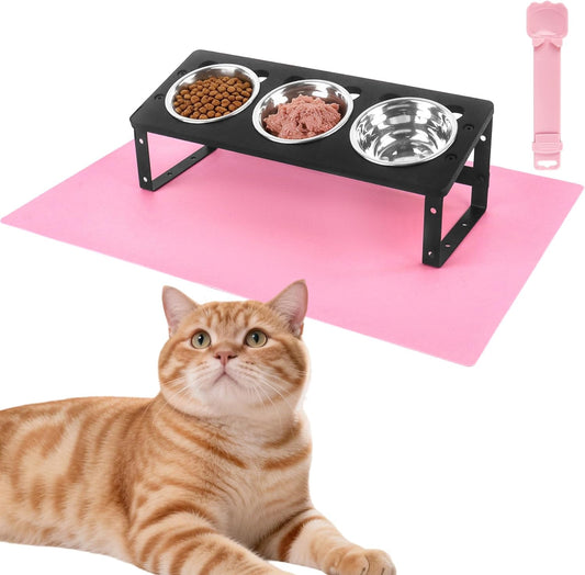 10°Tilted Elevated Cat Bowls with Food Mat & 3 Stainless Steel Pet Dishes, Raised Cat Food Water Bowls Set, Anti-Vomiting for Indoor Cats and Small Dogs, Bonus Treat Spoon