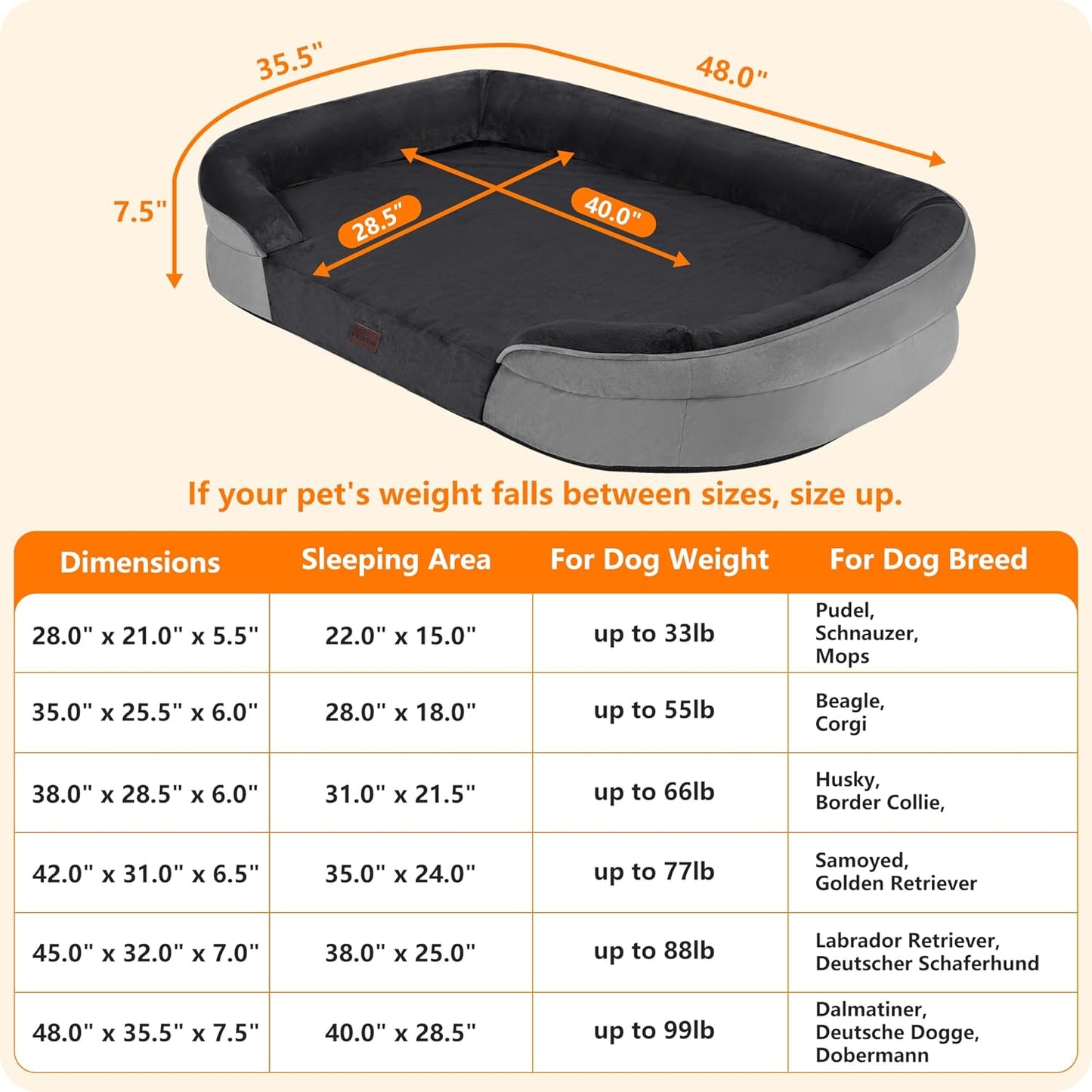 Dwanton Orthopedic Dog Bed for Extra Extra Large Dogs with Gel Memory Foam, Waterproof Dog Sofa, Washable Pet Bed with Four Sided Bolster Cushion, Removable Cover & Non-Slip Bottom, 48", Dark Gray