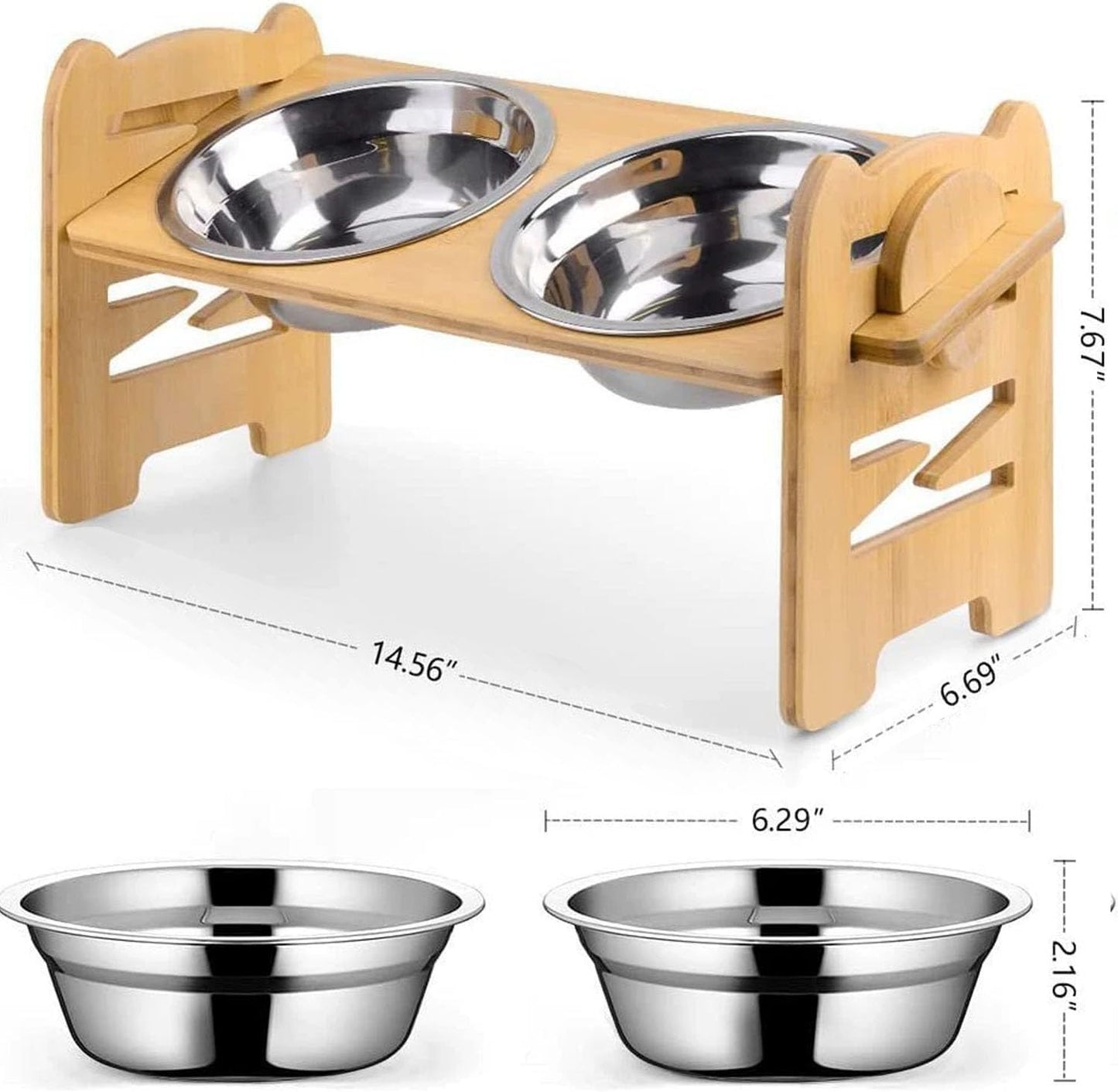 Elevated Dog Bowls, Adjustable Raised Tilted Food Water Bowl, Slanted Bamboo Pet Feeding Station with Stainless Steel Bowl for Small & Medium Dogs, Cat Kitten Flat Faced Puppy Feeder