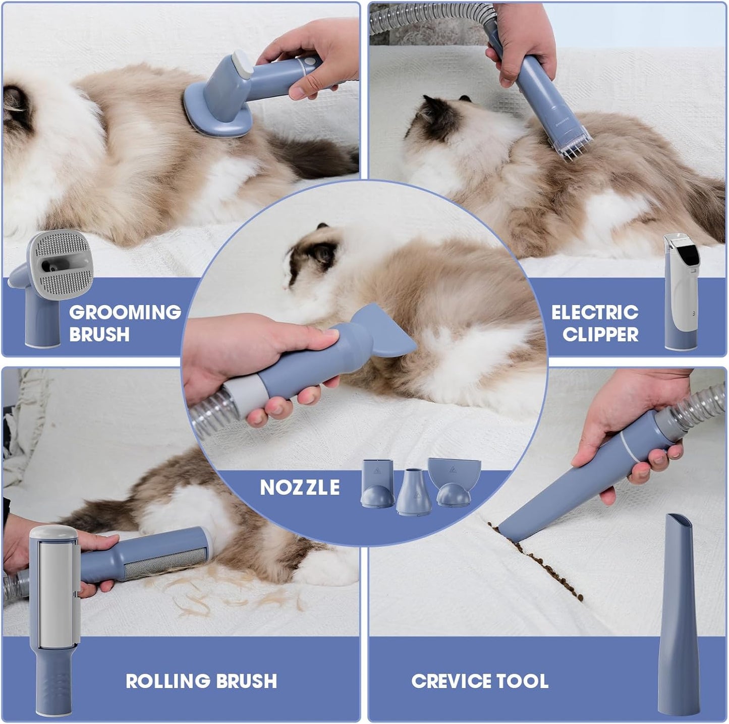 Dog Grooming Vacuum and Dryer Kit, Blower for Pet Vacuum Grooming 7 in 1 with Clippers for Dogs Hair Shedding Brush Remover Tools at Home Blue Grey