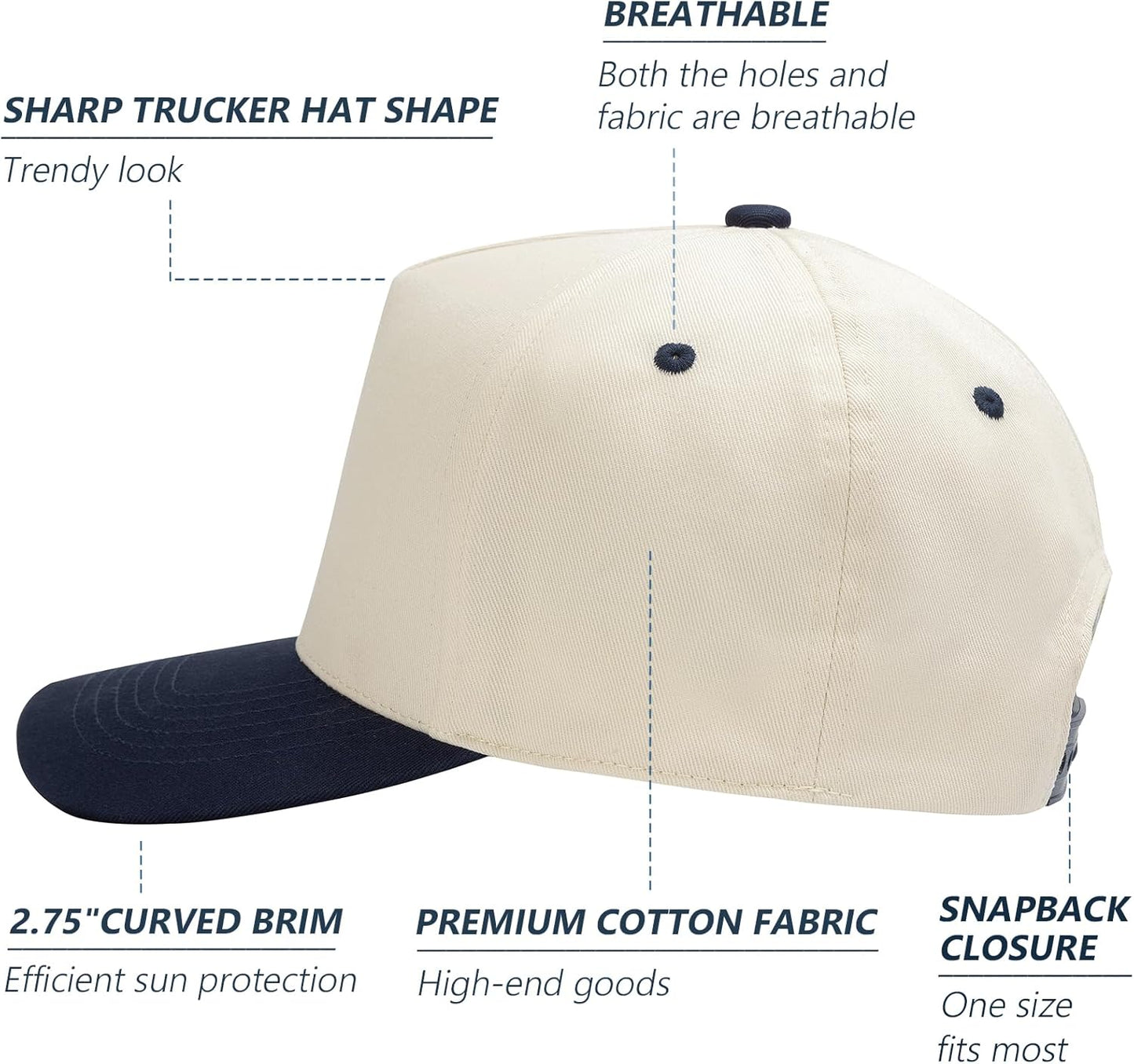 Vintage Trendy Trucker Hat, Structured 5-Panel Snapback Hat, Adjustable Cotton Solid or 2-Tone Baseball Cap Men Women