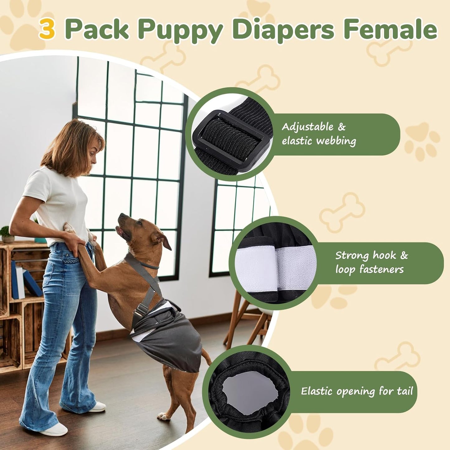 Female Dog Diaper with Suspender for Large Dogs,3 PCS Adjustable Suspender Dog Sanitary Panties, Highly Absorbent Reusable Washable for Small Medium Girl Dogs in Heat (XL)
