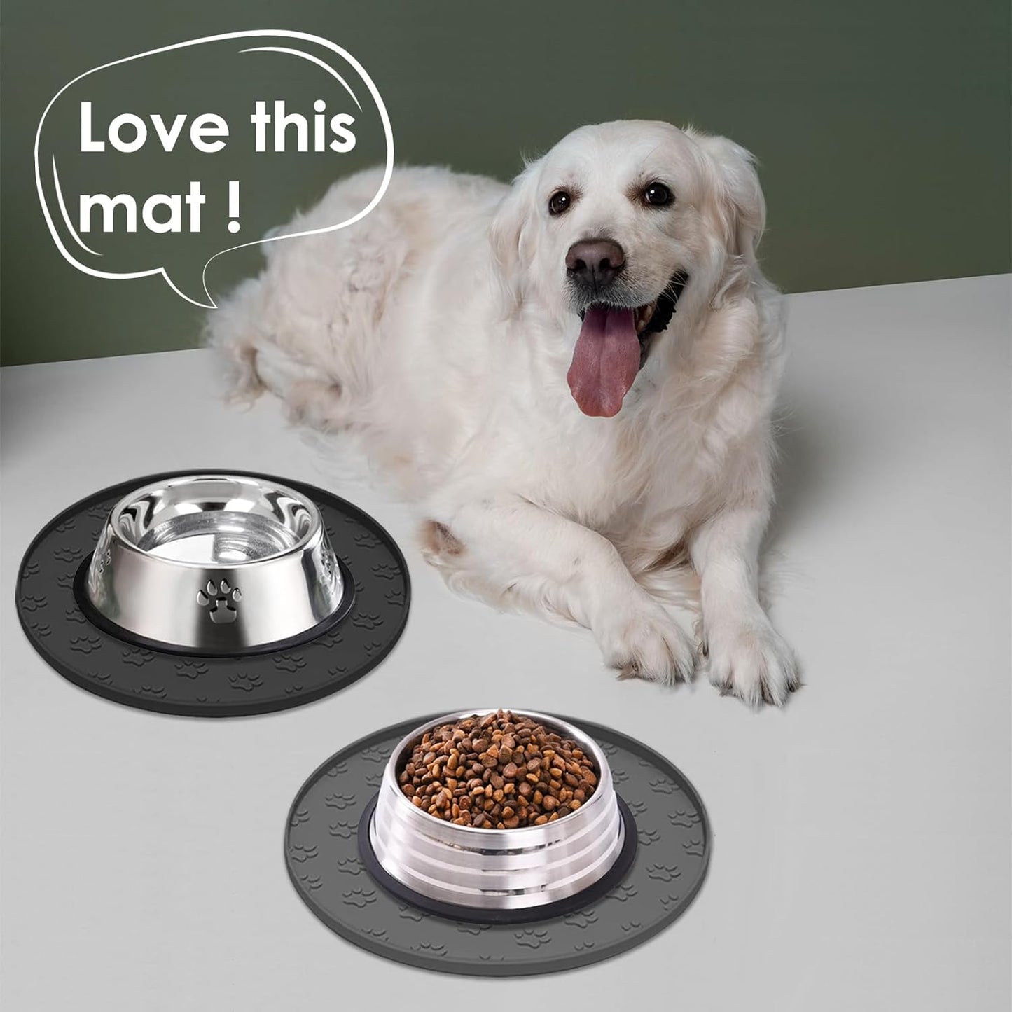 Pet Feeding Mats for Food and Water, Waterproof Anti-Slip Placemats for Dog Cat Bowl, 2 Pack Silicone Pet Food Mat, Dishwasher Safe 10.9 × 10.9 (2 Black, Small Paws)