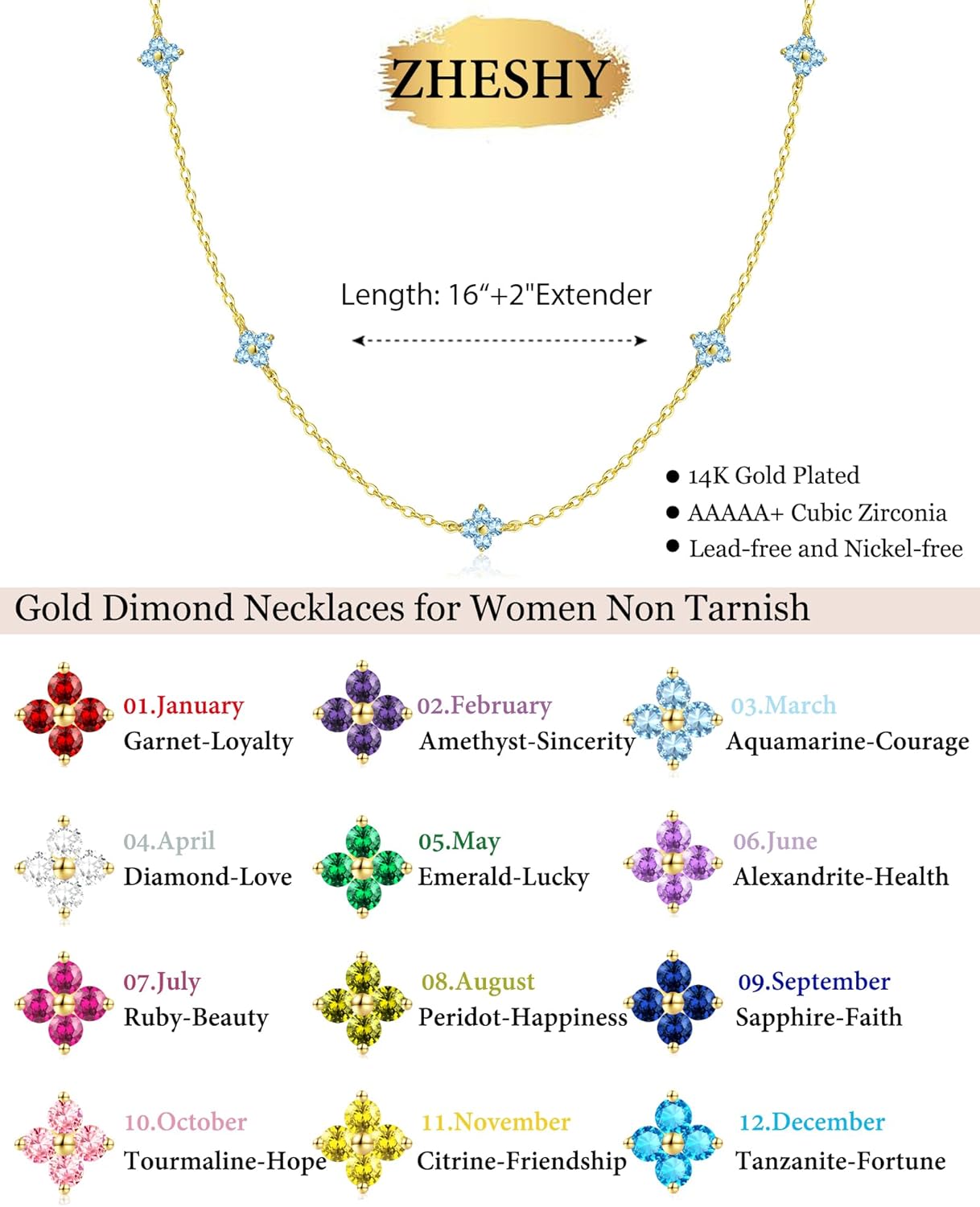 Birthstone Gold Necklace for Women Dainty Non Tarnish 14K Gold Plated Diamond Choker Necklaces Clover Emerald Green Cubic Zirconia Necklace Birthday Valentine's Day Gifts Womens Prom Gold Jewelry