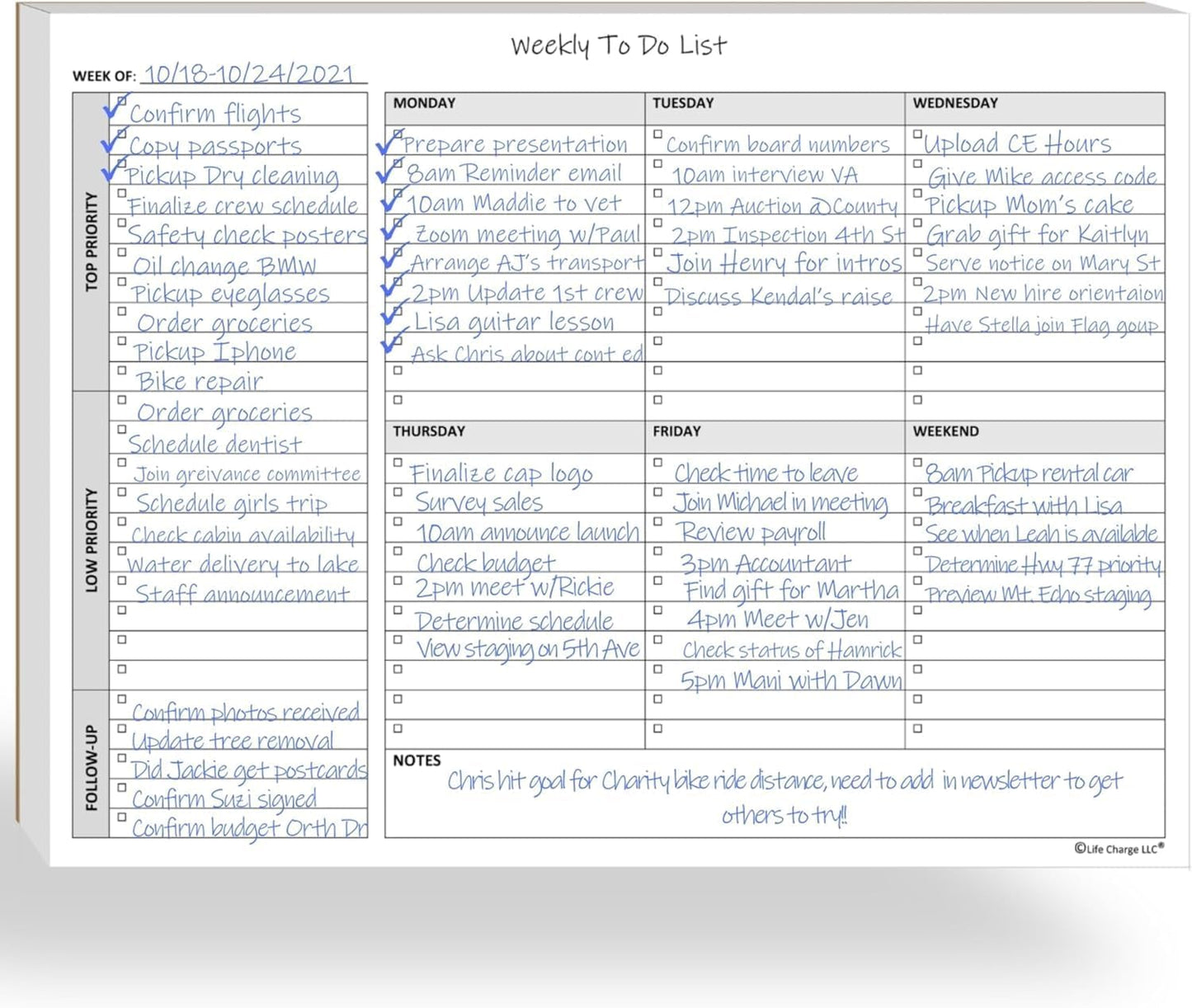 Life Charge Weekly To Do List Planner Notepad, 60 Page Task Planning Pad with Daily Checklist, Priority To-Do Checkboxes & Notes, Desk Notebook for Office Organization & Productivity, 11 x 8.5