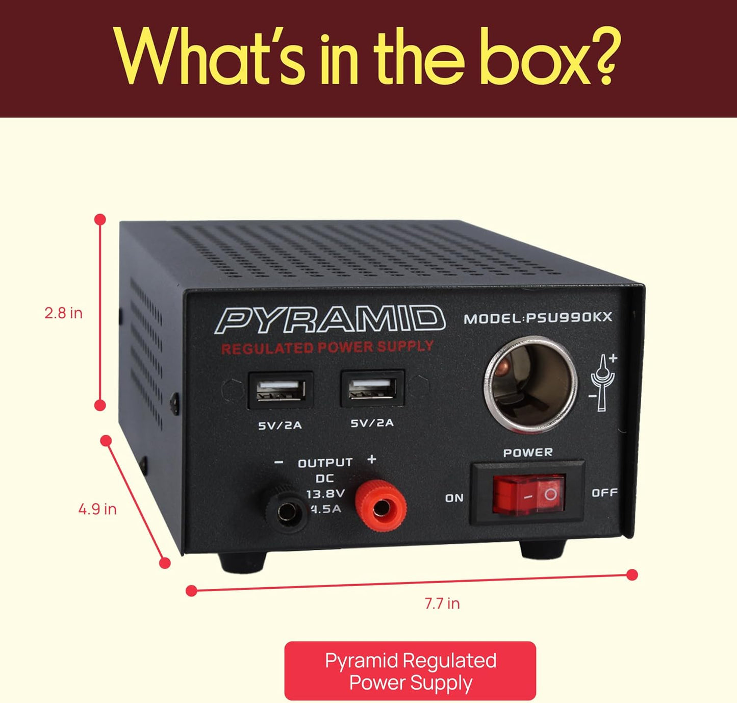 Universal Compact Bench Power Supply - 7 Amp Regulated Home Lab Benchtop AC-Dc Converter Power Supply for CB Radio, HAM W/ 13.8 Volt Dc 120V AC Supply, Dual USB, Cigarette Lighter - Pyramid PSU990KX