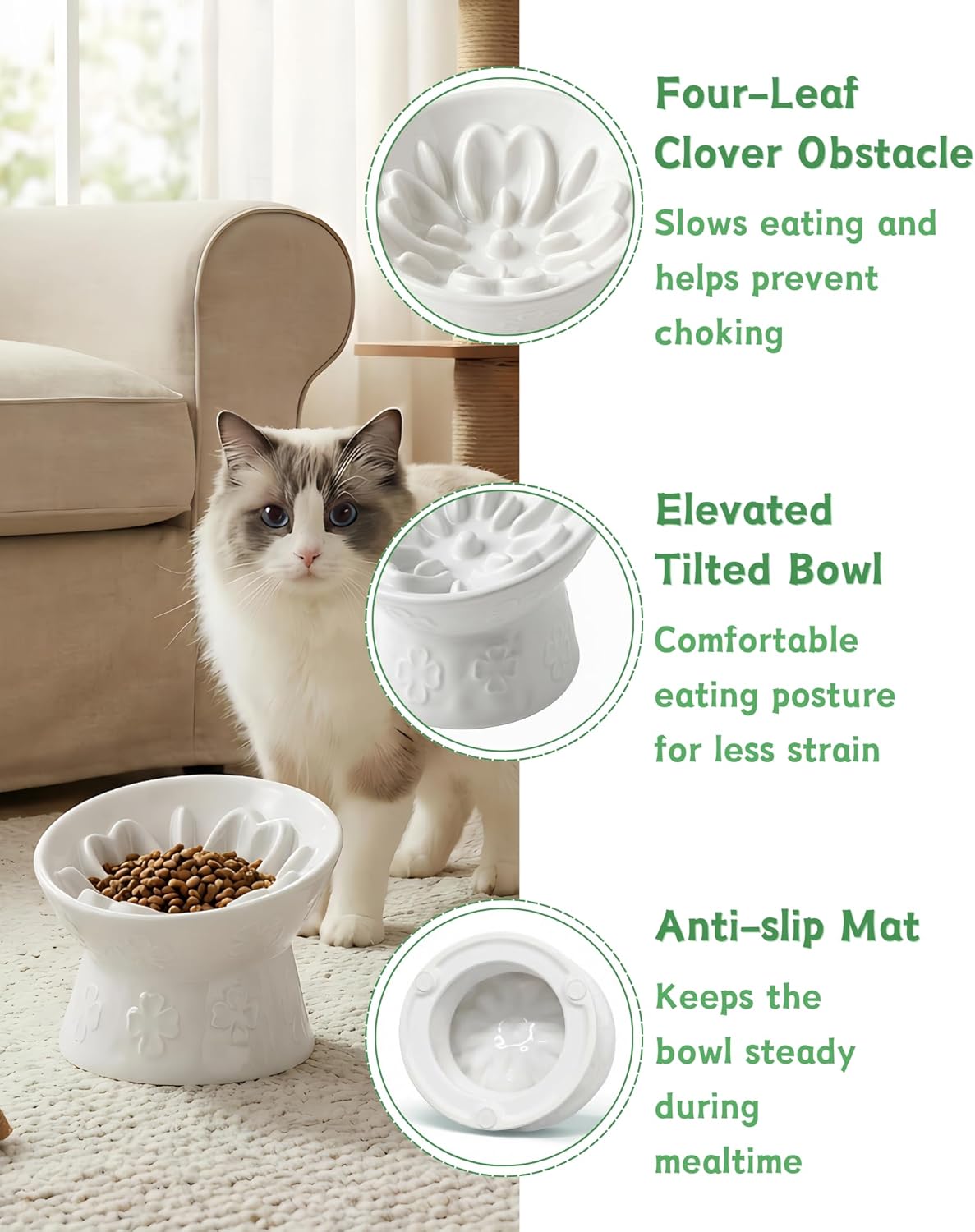 TRUVIC Ceramic Slow Feeder Cat Bowl, 15° Tilted Elevated Cat Slow Eating Bowl for Neck Protection, Anti Vomiting Dog Slow Feeder, Whisker Friendly & No Black Chin for Cats and Small Dogs, White