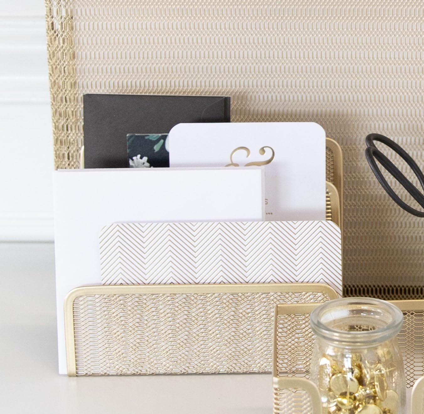 BLU MONACO | Gold Metal Mesh Mail Sorter Organizer Countertop | Paper Sorter for Desk with Three Tiers | Letter Organizer and Outgoing Mail Holder