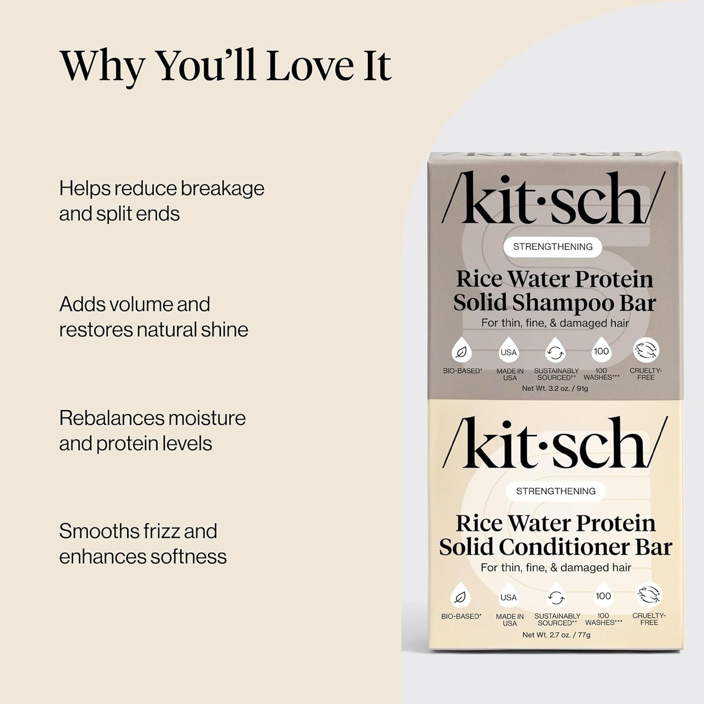 Kitsch Rice Water Protein Solid Shampoo and Conditioner Set for Hair Growth – Strengthening Hair Care Duo w/Rice Protein & Vitamins for Damage Repair – Paraben, Sulfate & Silicone Free, Made in USA